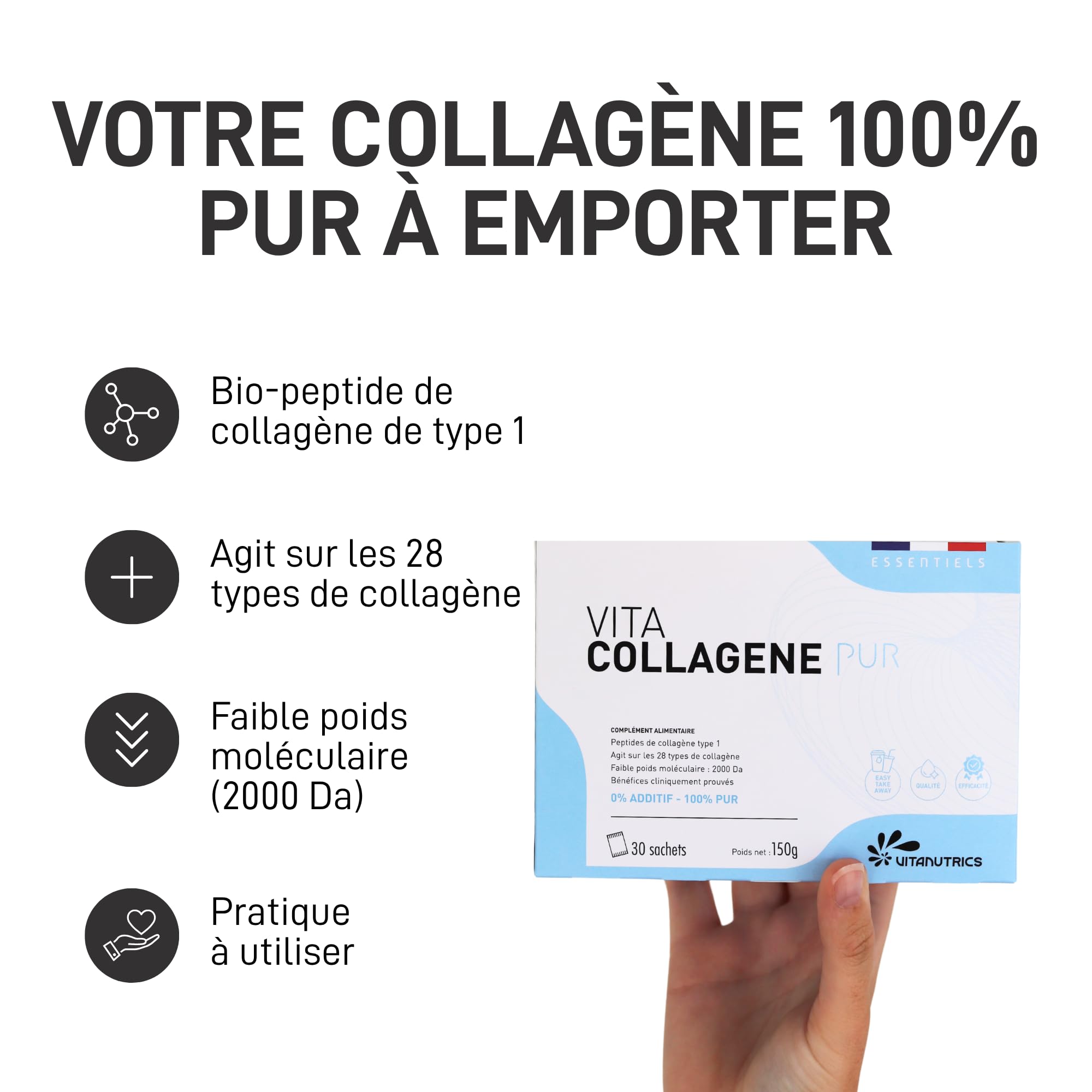 Vitanutrics - VITACOLLAGENE Pur - Confort Articulaire, Renfort musculaire, Beauté, Résistance de la Peau - Faible Poids Moléculaire - Absorption Optimale - Fabriqué en France - 30 Sachets