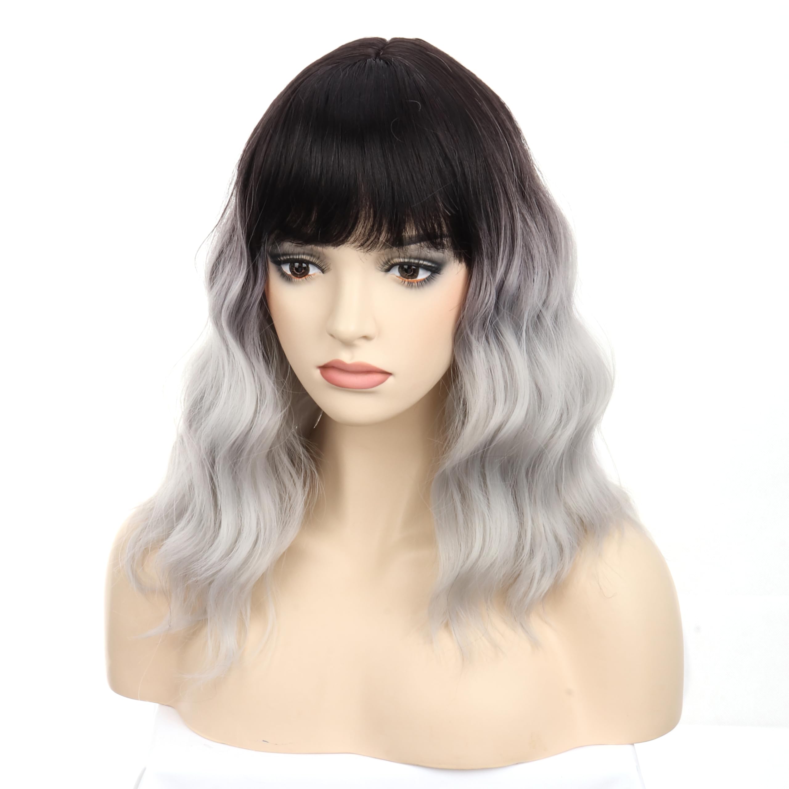 Colorfulpanda Short Ombre Silver Grey Wavy Bob Wigs with Fringe for Women Natural Shoulder Length Heat Resistant Synthetic Hair for Daily Use and Cosplay 14 inch - Image 4