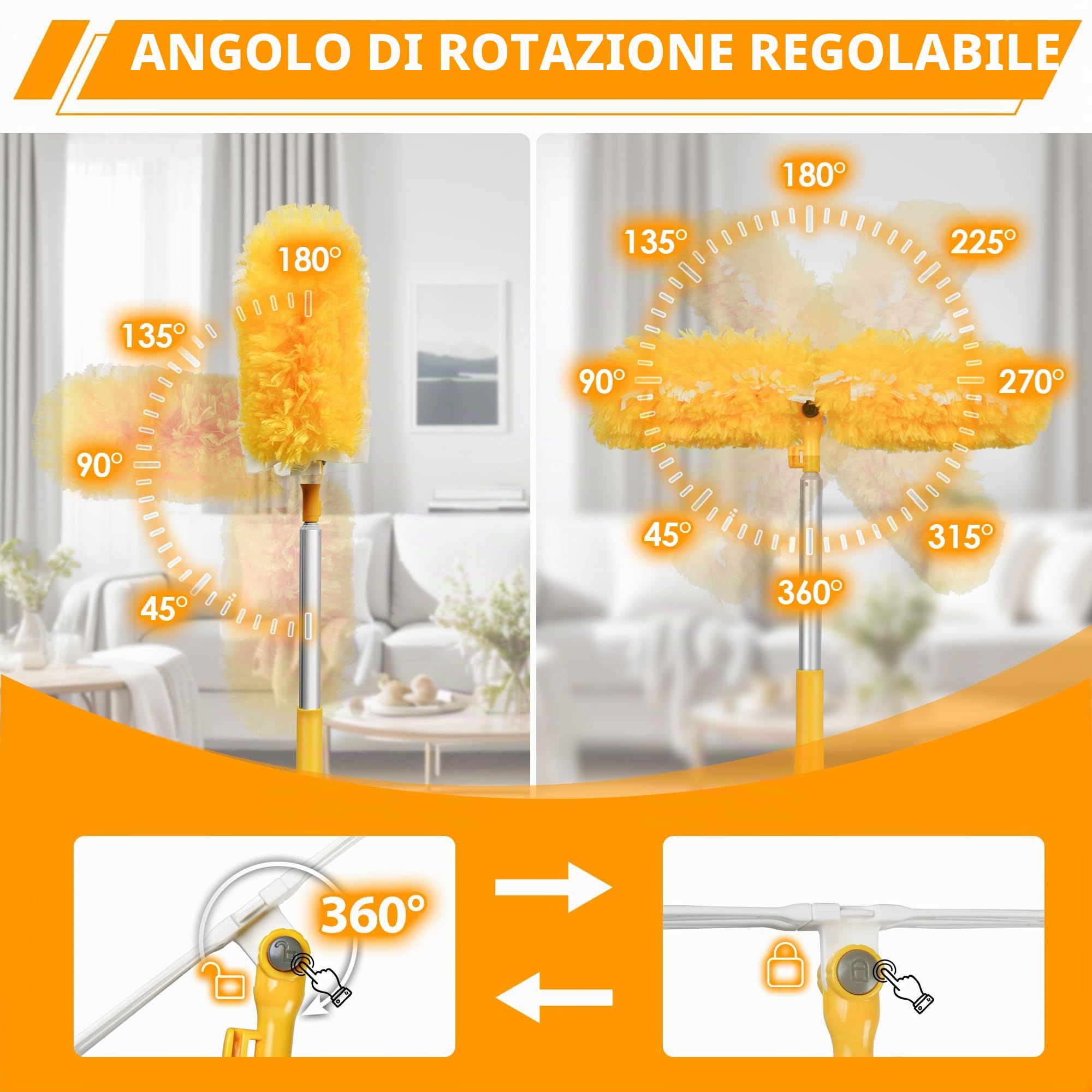 NEWE Duster Piumini Catturapolvere per Swiffer, 20 Piumini e 1 Alluminio Manici Telescopici 167.5 cm, 360 Gradi Cattura e Intrappola Polvere e Sporco con 5X Microfibre