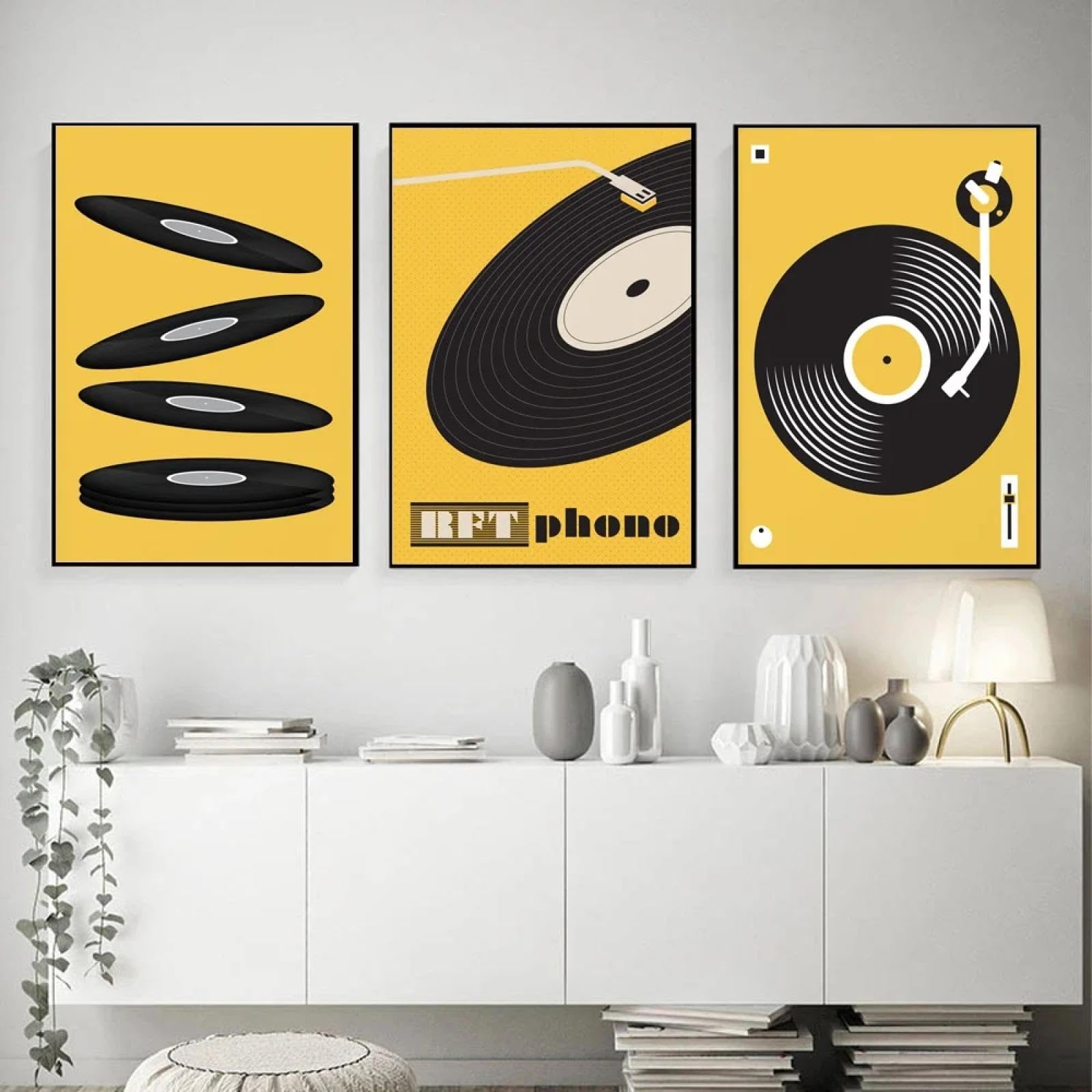 LMAIWANG Kreskówka abstrakcyjna prosta muzyka odtwarzacz płyt winylowych plakat sztuka ścienna obraz dom kawiarnia restauracja wystrój 50x70cmx3 ramki