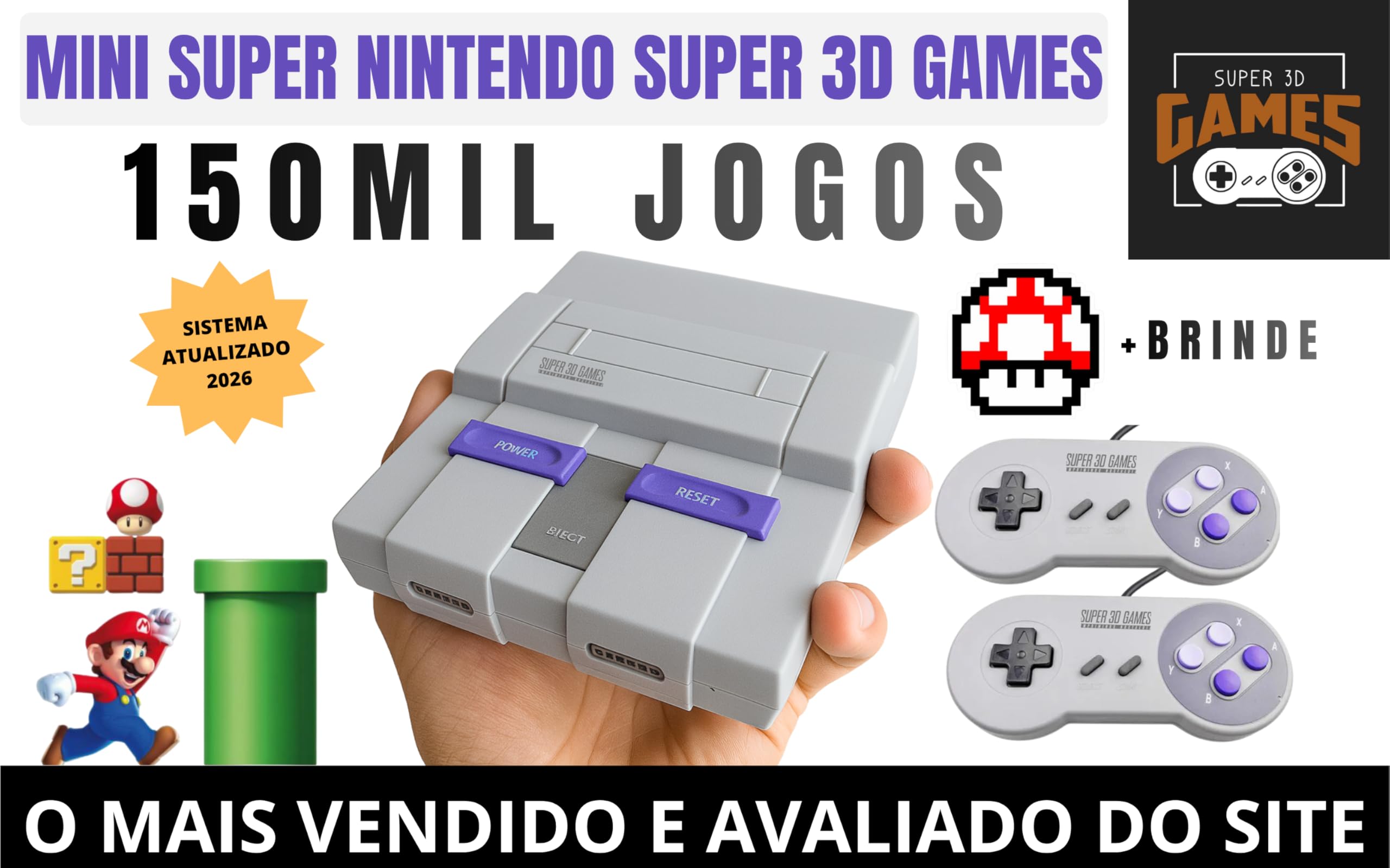 スーパーファミコンミニ Mini Super Nintendo com 150 mil jogos 2 controles - Super 3D Games