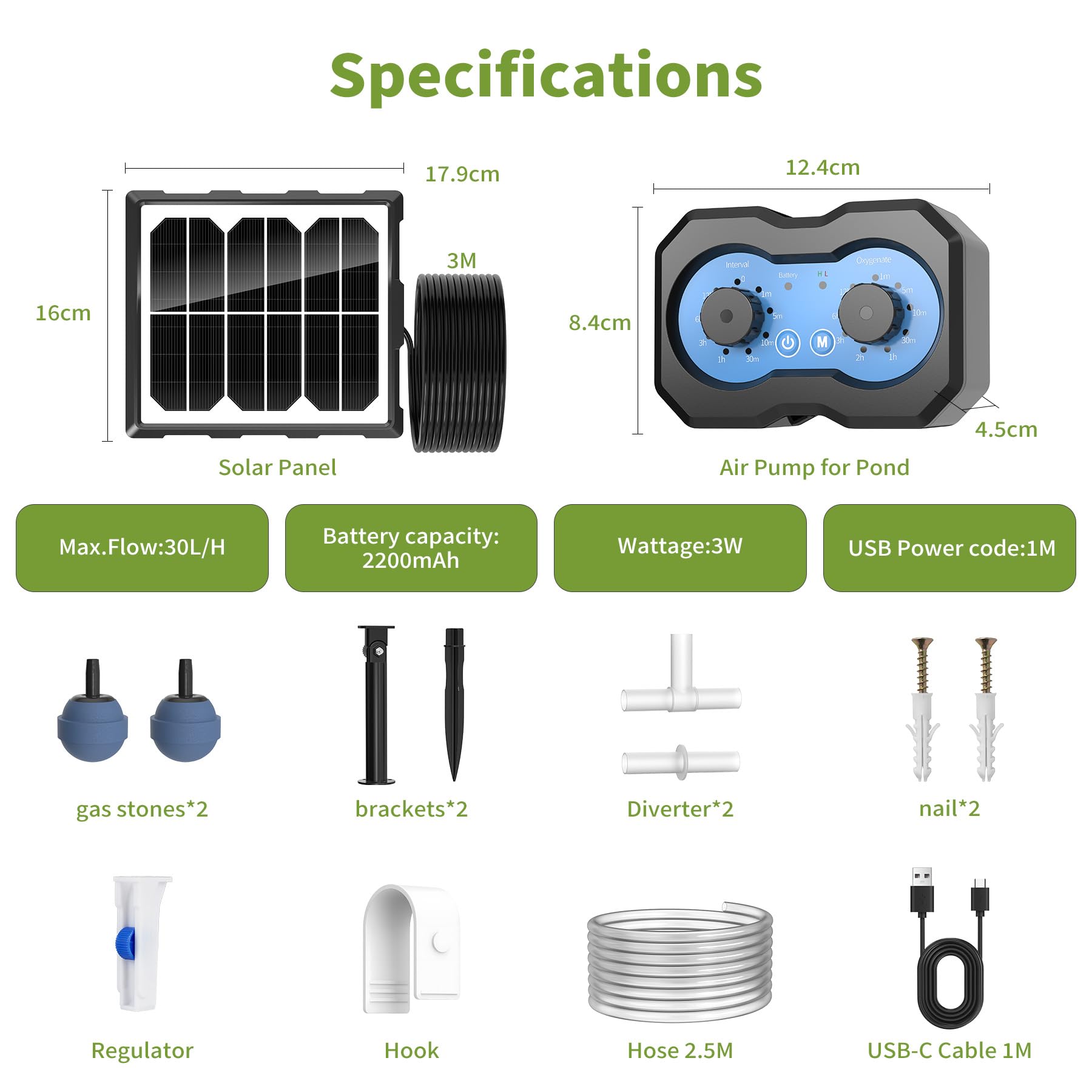 Forever Speed Aireador Solar para Estanque con Batería, 146 Modos Ajustables Bomba de Oxígeno Solar Recargable para Pequeño Estanque, Bomba de Oxígeno Aire Solar Doble Recarga Solar y USB | Aireador Solar para Estanque con Batería 2200mAh con 146 Modos Aj