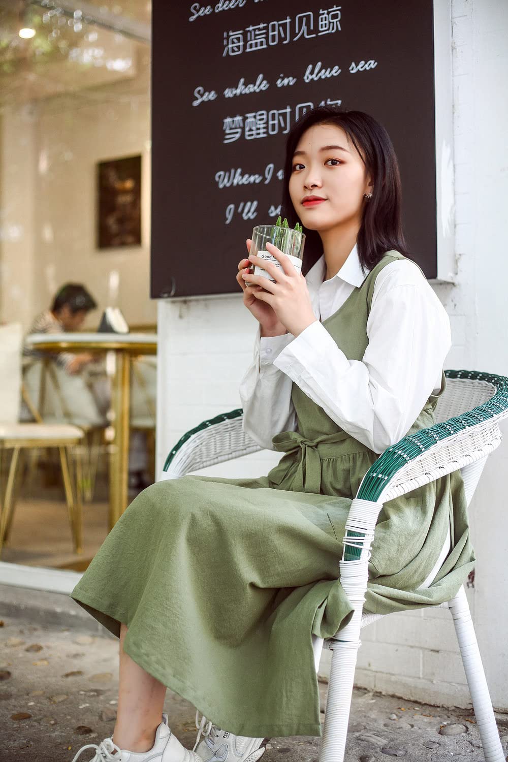 Tablier pour femme, grande taille, en coton et lin lavé avec 2 poches, couleur unie japonaise, tablier de cuisine pour femme, Couleur, 130 cm