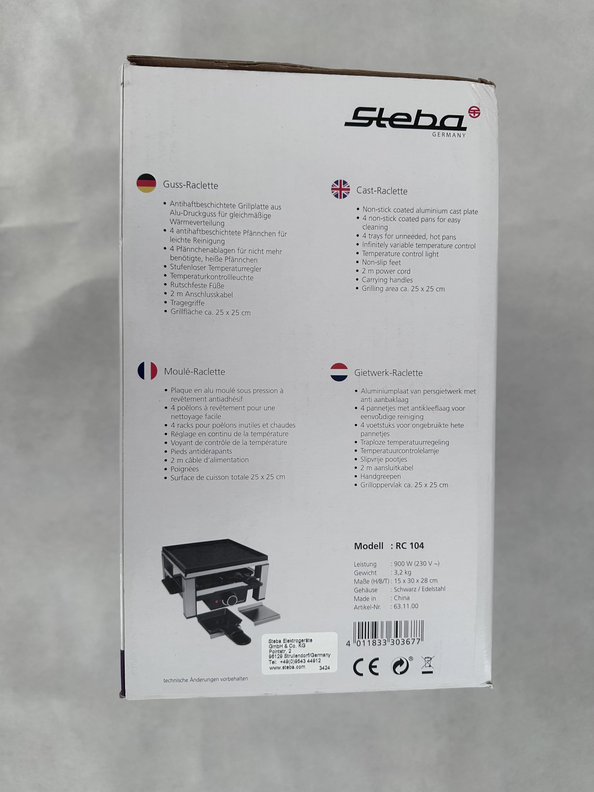 Raclette de hierro fundido Steba con una superficie para asar de 25 x 25 cm, 4 sartenes con revestimiento antiadherente para una limpieza fácil. RC 104.