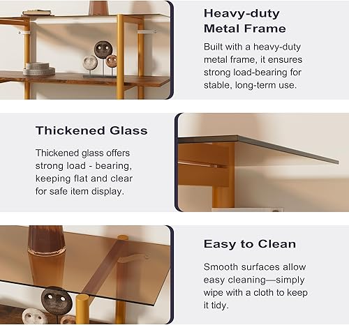 Miniatura 3 de Mesa de sofá de cristal, mesa de entrada moderna de mediados de siglo con vidrio templado y patas doradas, mesa de 2 niveles detrás del sofá para