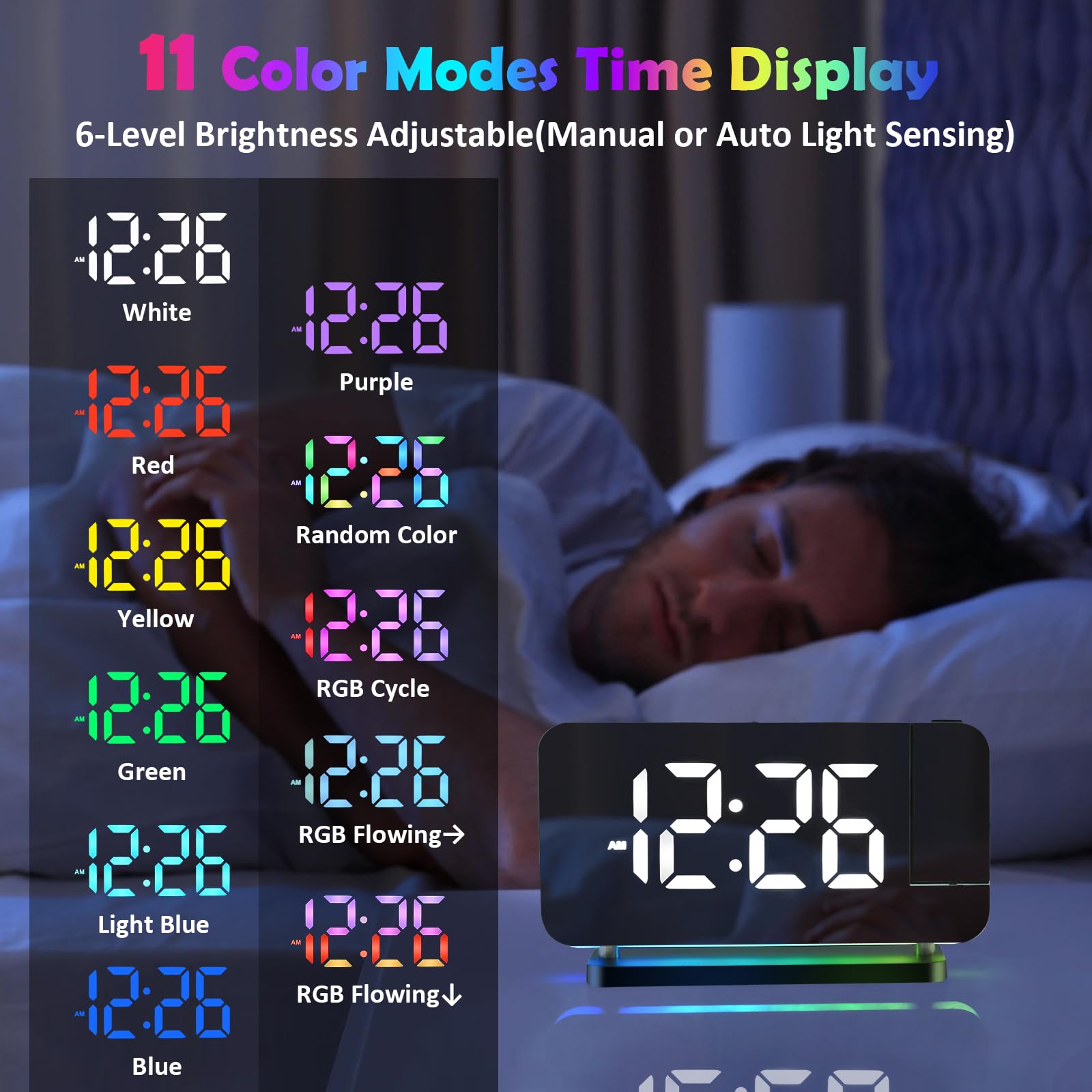 Euakee Sveglia Digitale, Sveglia con Proiezione, Orologio a Specchio LED da 7,4”, Luce Notturna a 10 Colori, Proiettore Ruotabile di 180°, Caricatore USB-C per Bambini Cameretta (Nero)