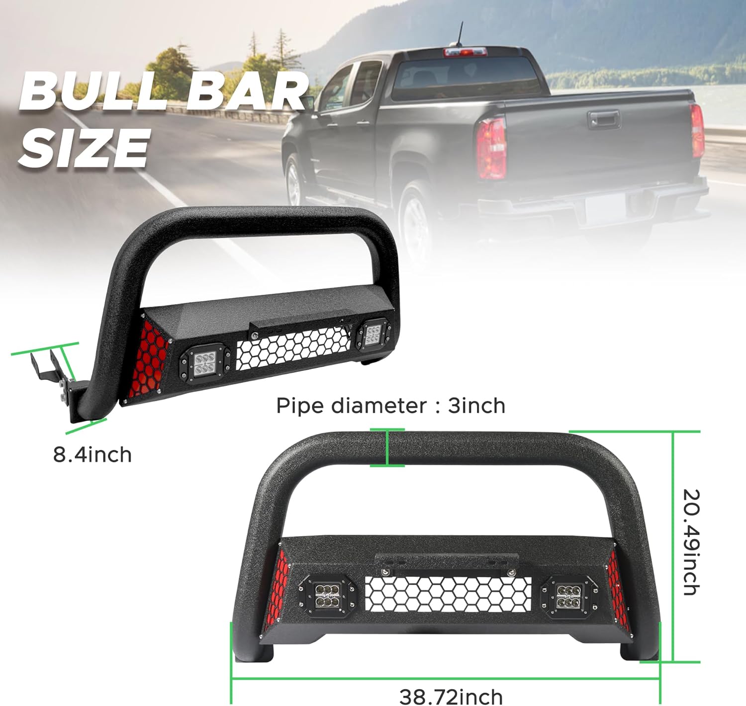 Bull Bar Fit for Chevy Colorado 2015-2026 with LED Light & w/License Plate Bracket DIY Paintable Front Bumper Brush Push Bar Grille Guard Protector