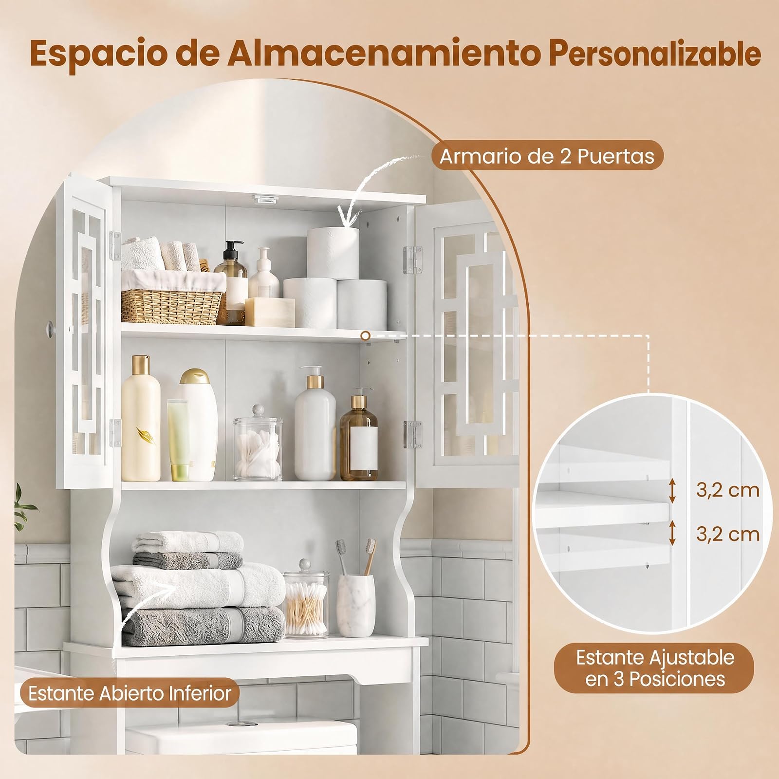 COSTWAY Mueble sobre Inodoro WC con 3 Estantes y 2 Puertas, Estantería para Inodoro, Mueble de baño con Estante Ajustable de Madera, Armario Alto de Almacenamiento, 60 x 21,5 x 169 cm (Blanco)