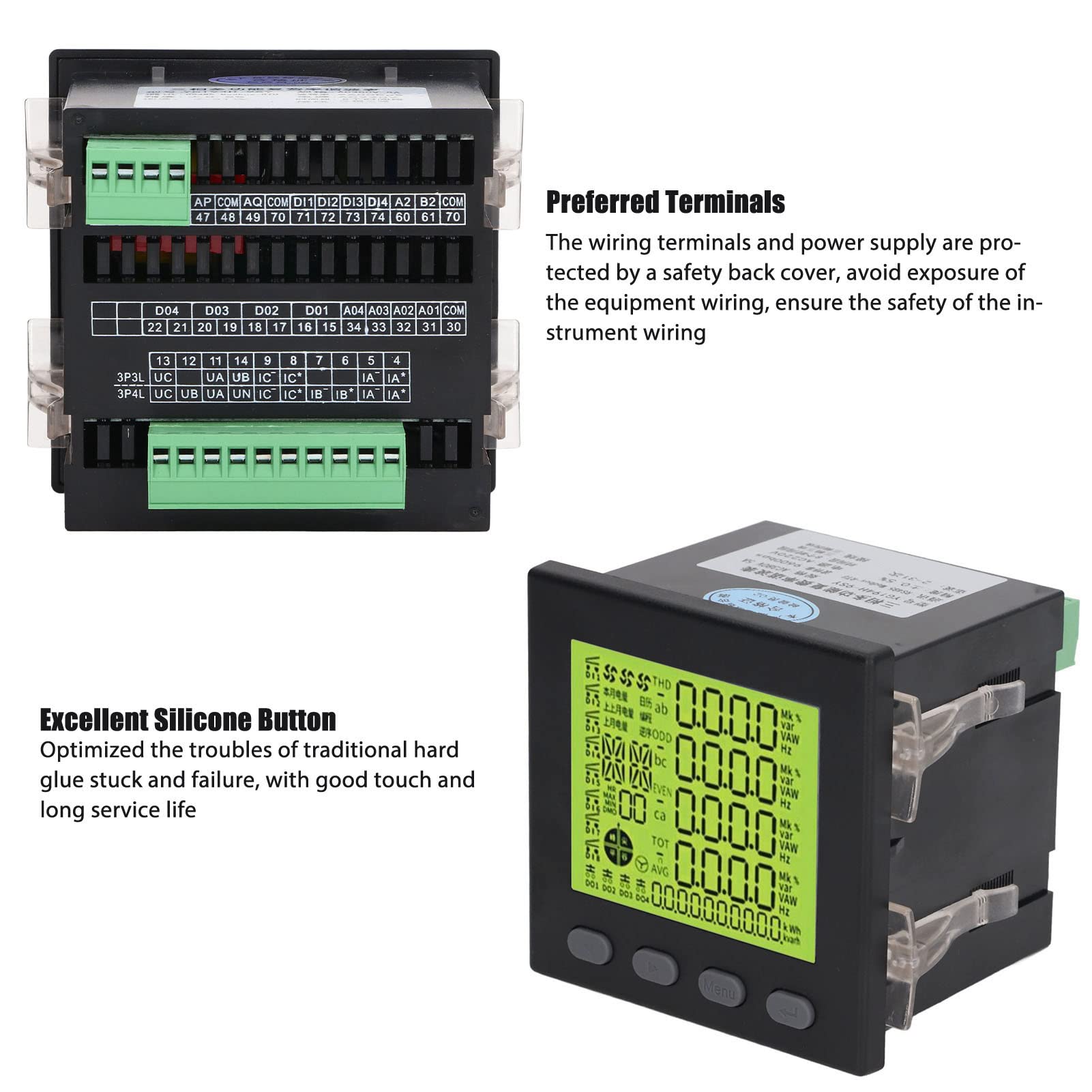 Multifunktionaler Leistungsmessgerät, 3 Phasenleistung Messgerät AC380V 5A -Bereich AC220V, ABS -Flammhemmung, Silikontasten Zur Automatisierung von Umstation,