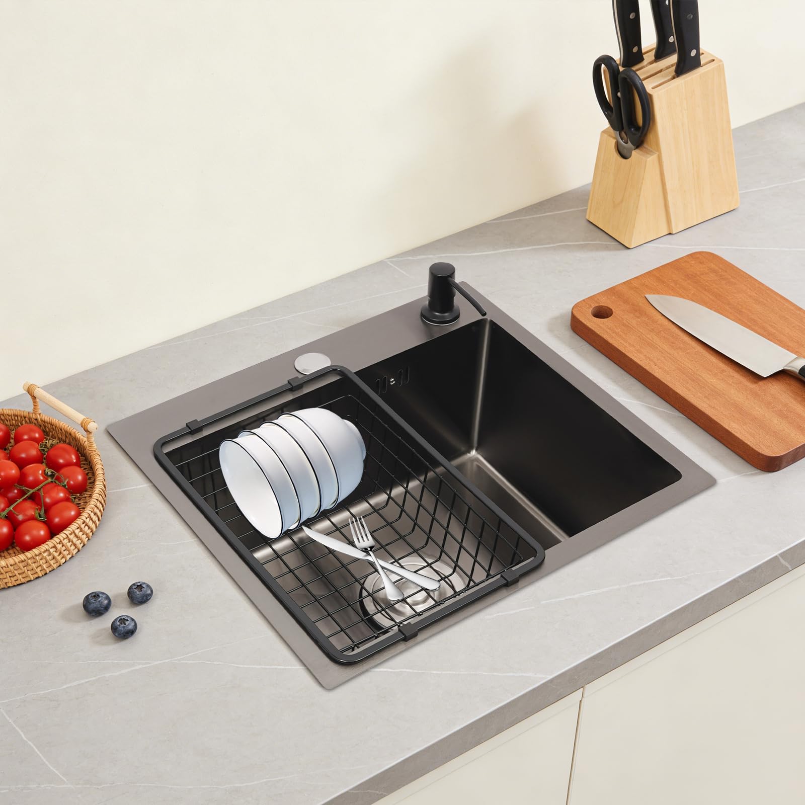 Fregadero de cocina moderno, color negro, 45 x 40 cm, para familias, restaurantes, lavaderos, con escurridor, dispensador de jabón, sin grifo