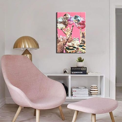 Miniatura 5 de Lienzo de fiesta de gatos con diseño de discoteca funk, arte de pared, carrito de bar, cuadro retro de los años 70, decoración estética de