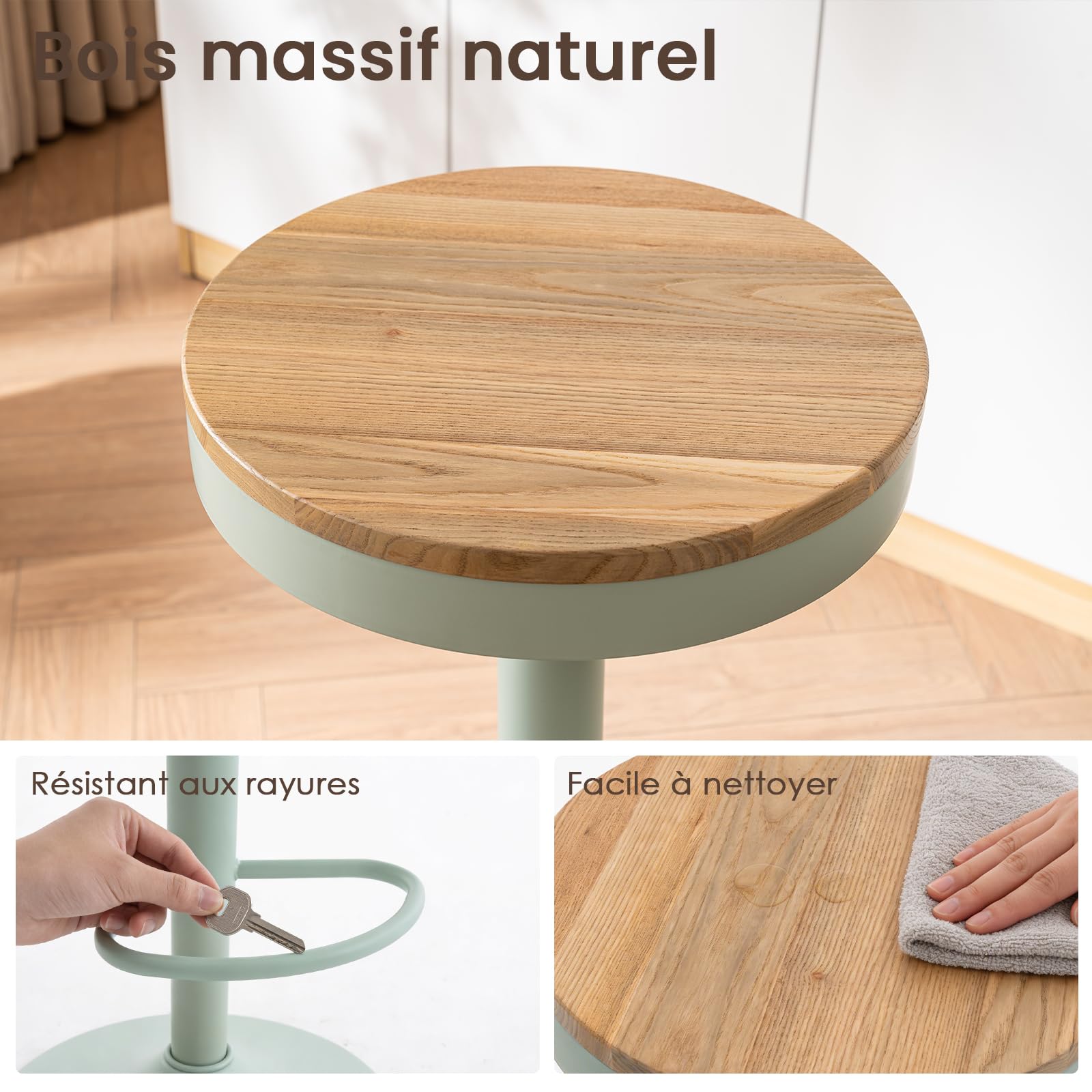 Kidol & Shellder Barhocker 2er Set Minzgrün, Höhenverstellbar 56-80cm, Drehbar, Ohne Lehne, Holz Sitzfläche, Mit Fußrasten, Küchenbarhocker