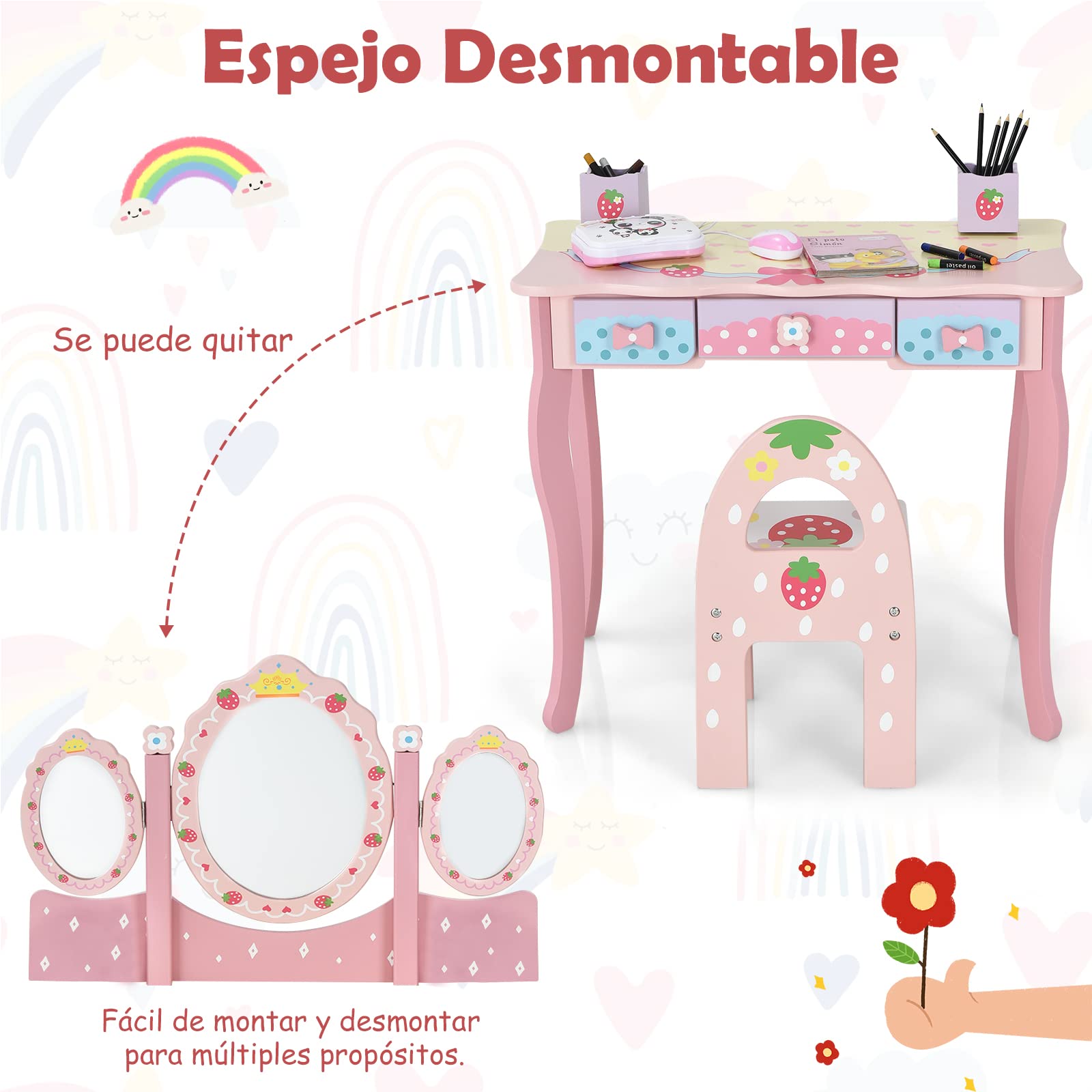COSTWAY Tocador con Espejo Tripartido para Niños, Mesa de Maquillaje 3 Cajones 2 Cajas Taburete (Rosa)