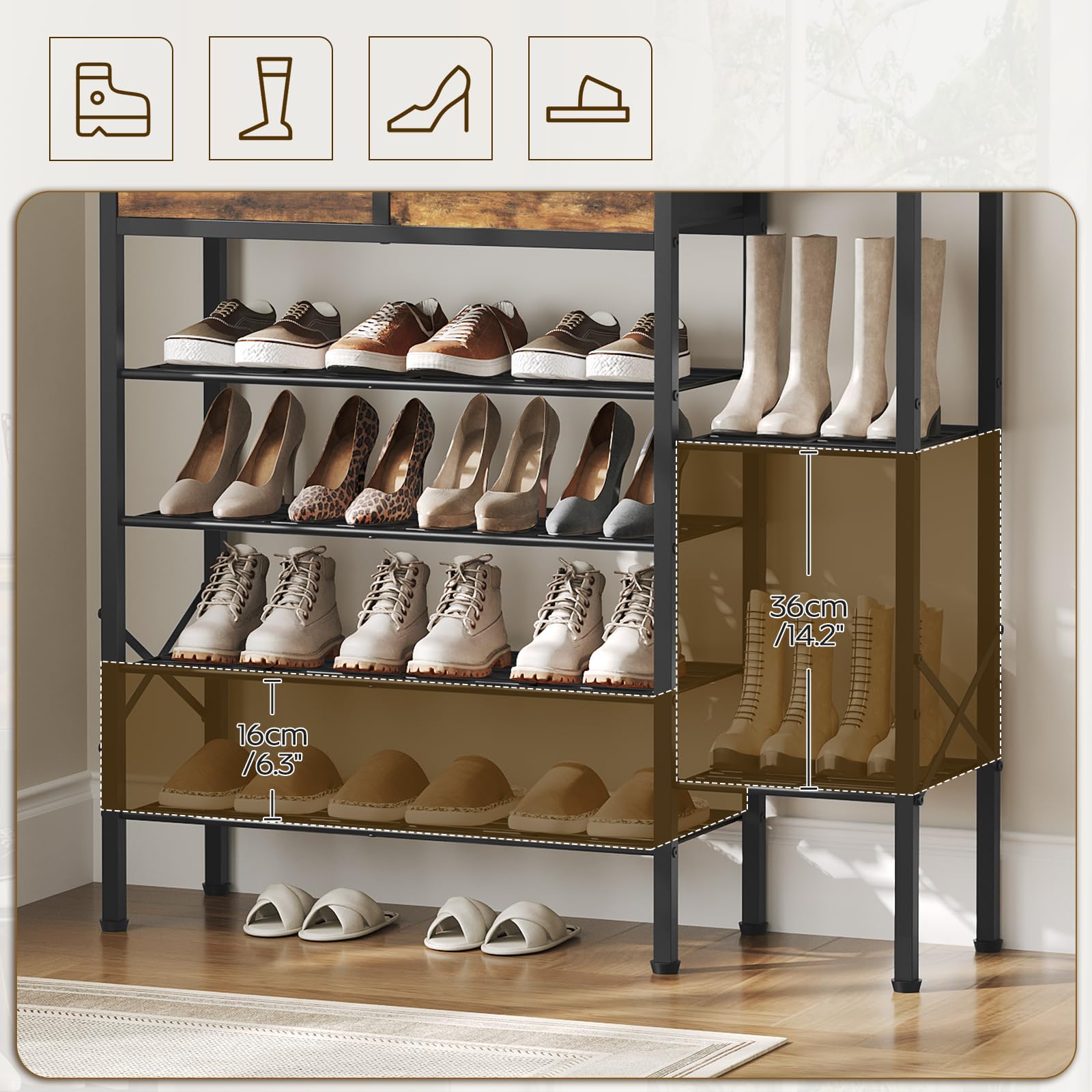 YATINEY Zapatero de Estilo Industrial con 5 Niveles y Bolsas en Tela Oxford, Zapatero Estrecho y Estantes de Malla, Estantería para Zapatos para Vestíbulos y Pasillos, Marrón Vintage y Negro XSS13BR