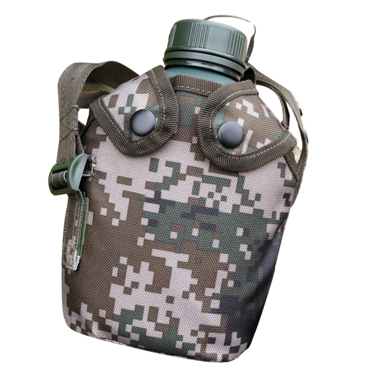 Borraccia Militare in Lega di Alluminio 1l Chiusura | Set 1 Pezzo, Custodia in Canvas Bottone a Pressione, Gancio Integrato per Viaggi e Outdoor