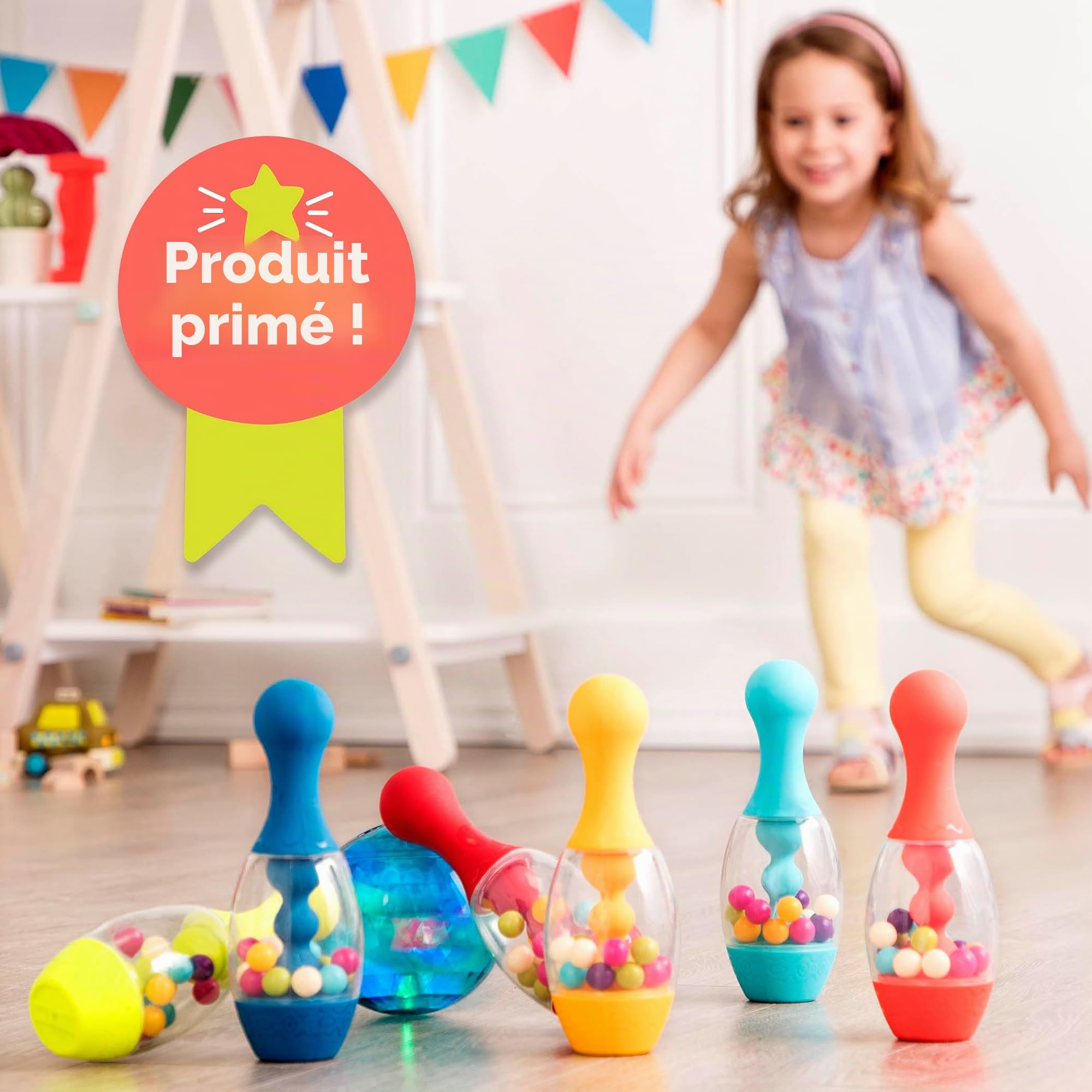 B. toys - Let's Glow Bowling ! - Orange - Jeu de quilles - 6 quilles et 1 Boule Lumineuse - Jeu d'intérieur et d'extérieur - Ensemble de Jeux pour Tout-Petits et Enfants - 2 Ans et +