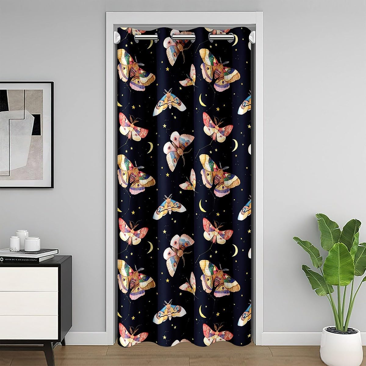 Boho Moth Door Curtain for Doorways Privacy Constellation Moon Star Doorway Curtain Colorful Bohemia Moth All Season Blackout Curtain Exotic Ethnic Style Door Drape, 60" W X 80" L