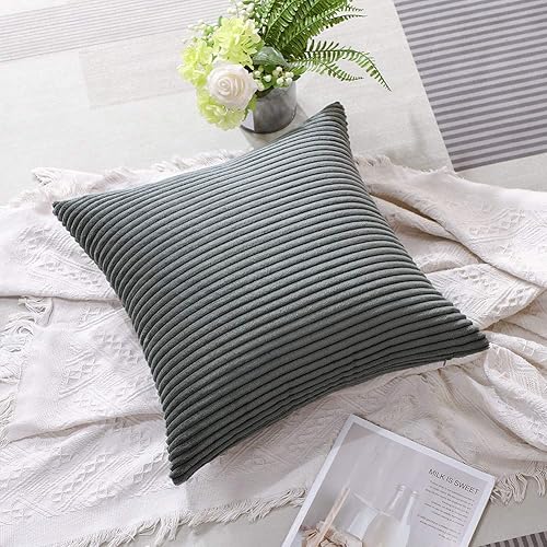 Miniatura 5 de Artscope Fundas de almohada de pana a rayas acogedoras súper suaves decorativas cuadradas para sofá, dormitorio, decoración de automóvil, 20 x 20