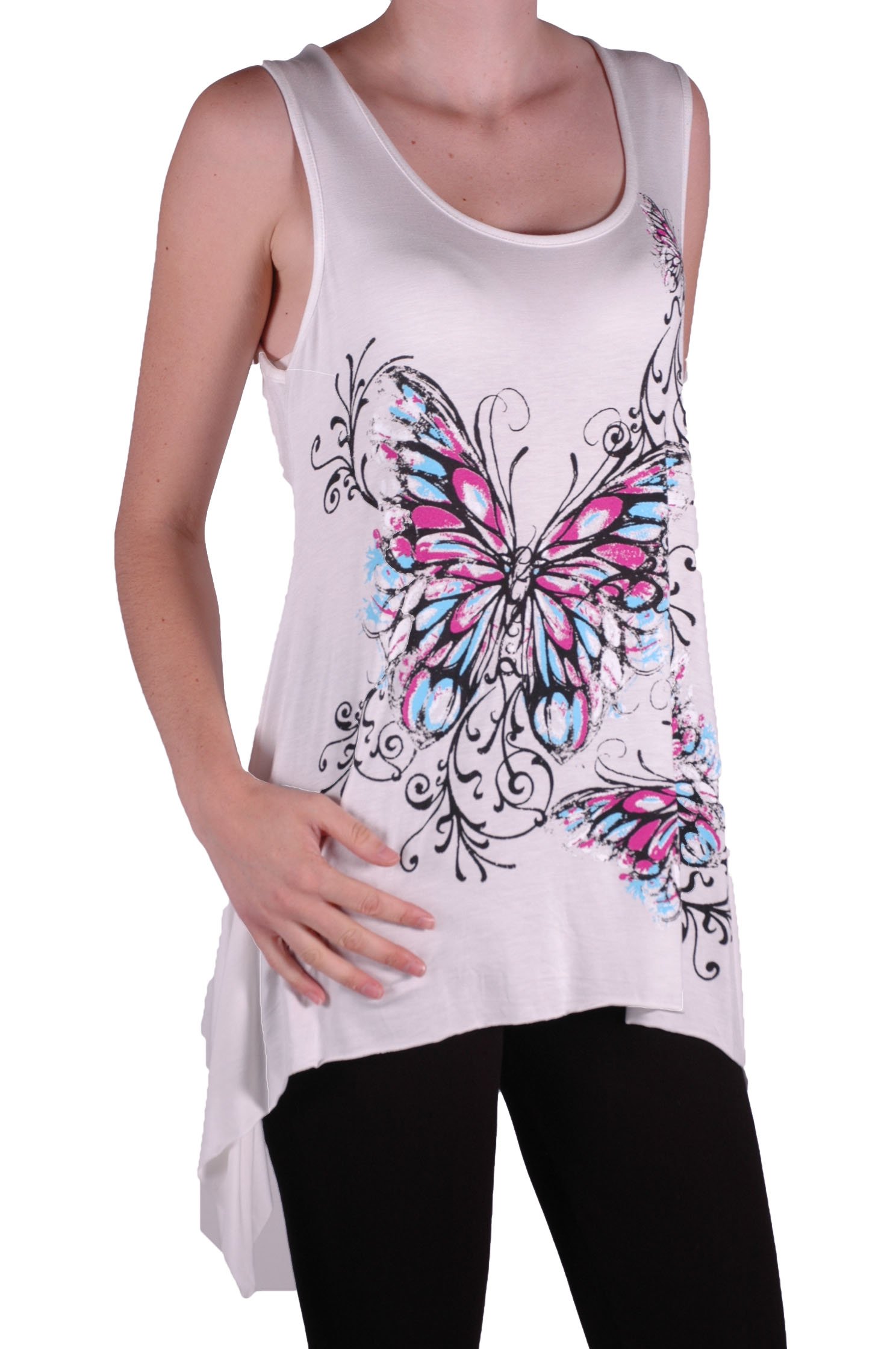 EyeCatch - Kayla Butterfly Ladies Sleeveless Long Stretch Vest Top Ladies Plus Size Cream XL 16-18
