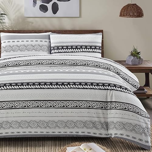 Lekesky Juego de funda de edredón bohemio de algodón blanco tamaño Queen para todas las estaciones, juego de cama suave y transpirable con cierre de