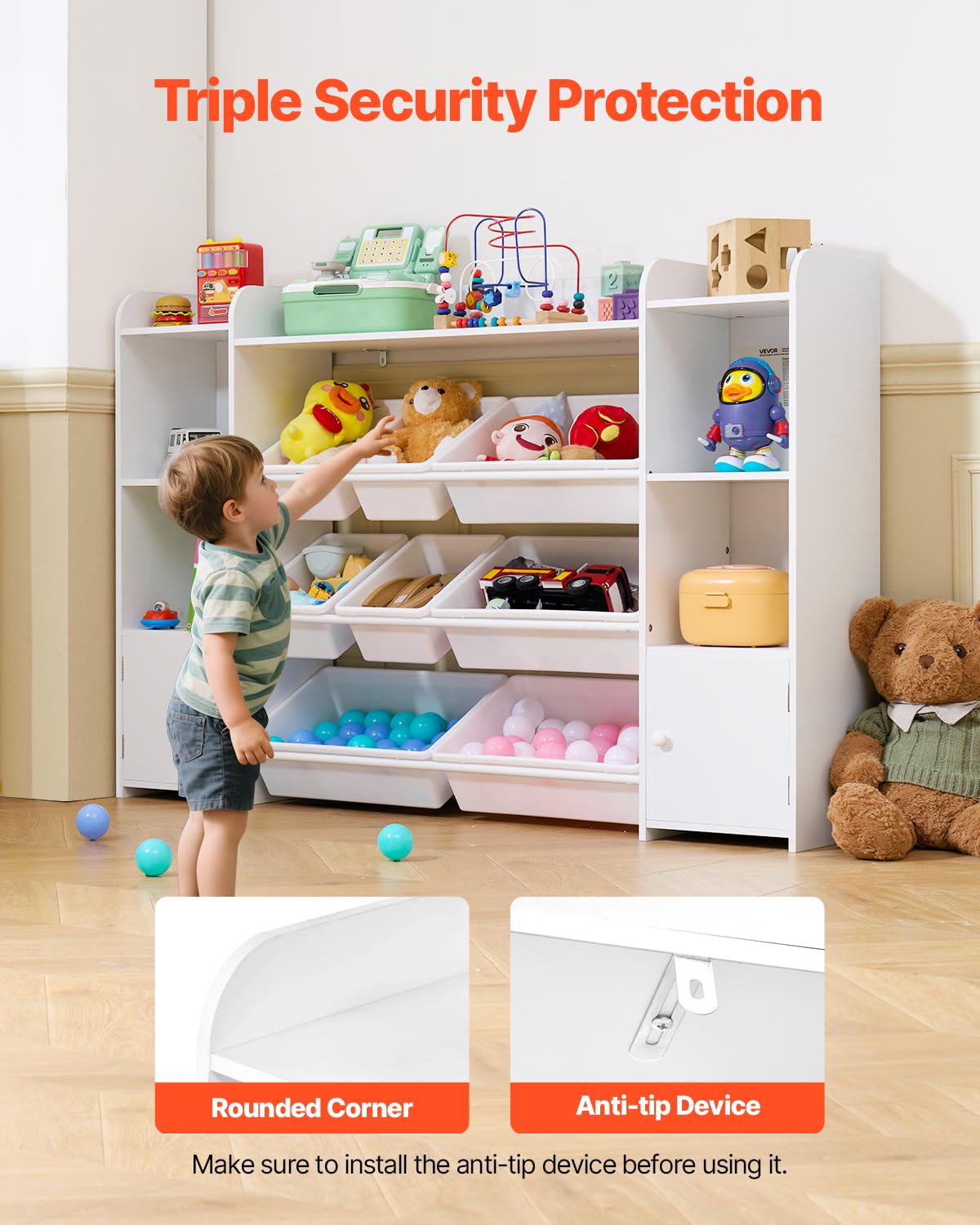 VEVOR Meuble de Rangement Jouets Enfant à 4 Niveaux avec bibliothèque, Grande étagère d'organisateur de Jouets avec 8 bacs en Plastique Flexibles, pour Salle d'étude, Chambre, Salle de Jeux, Blanc