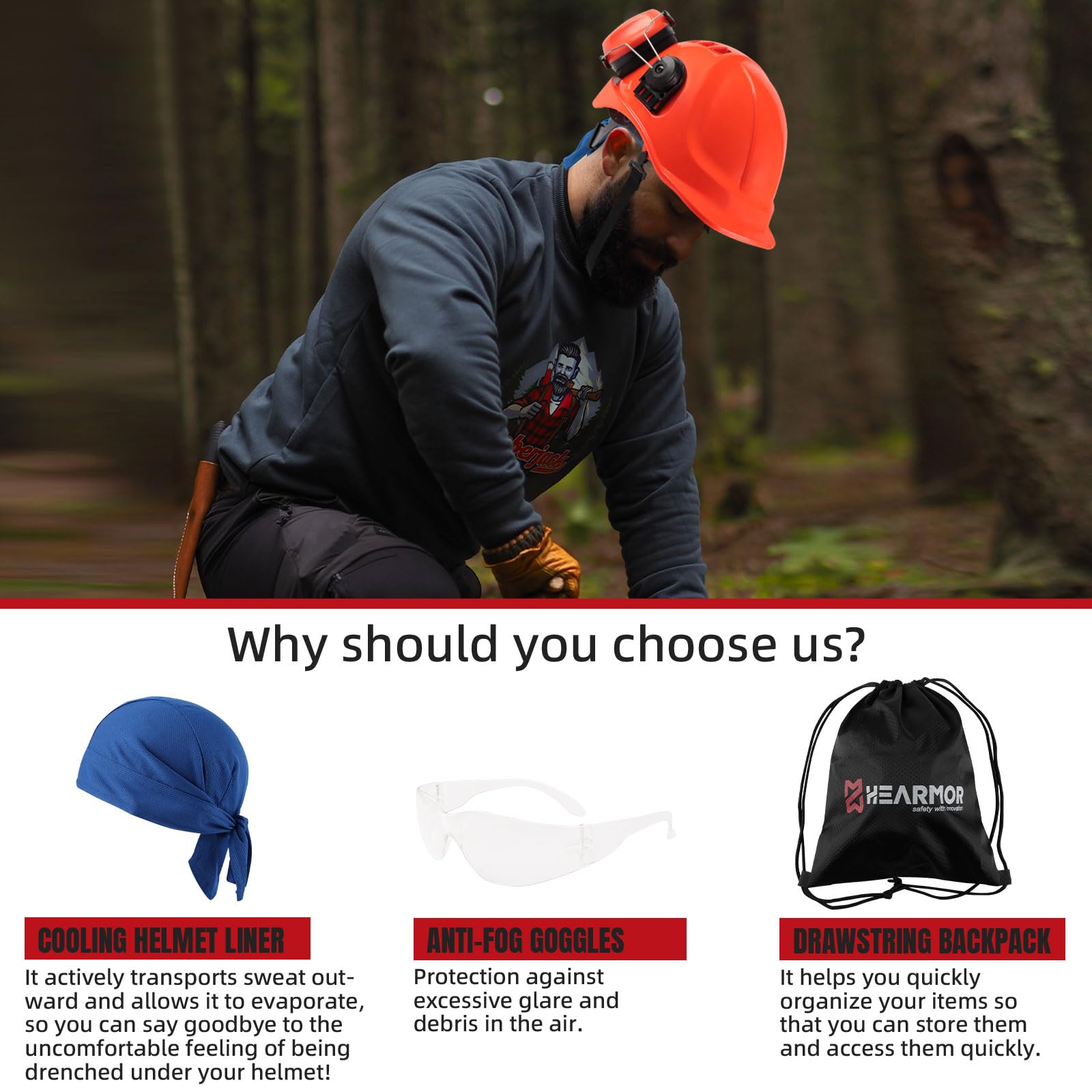 HEARMOR Casco de protección para motosierras con visera y protección auditiva para paisajistas y trabajadores forestales, incluye bolsa portátil y forro de casco refrigerante