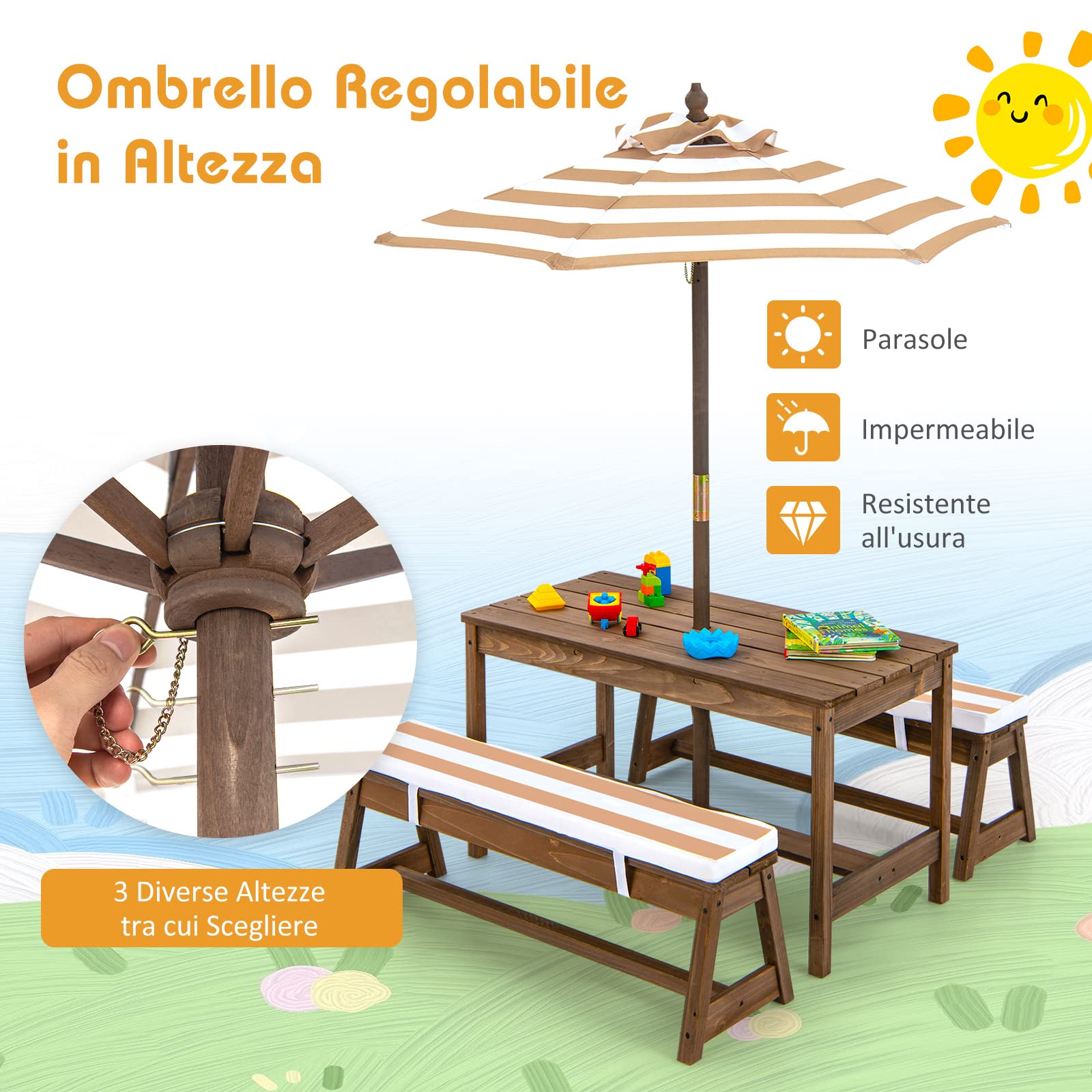 COSTWAY Tavolo da Picnic per Bambini con Parasole Pieghevole, Set Tavolo e Panca in Legno con Cuscini, Marrone