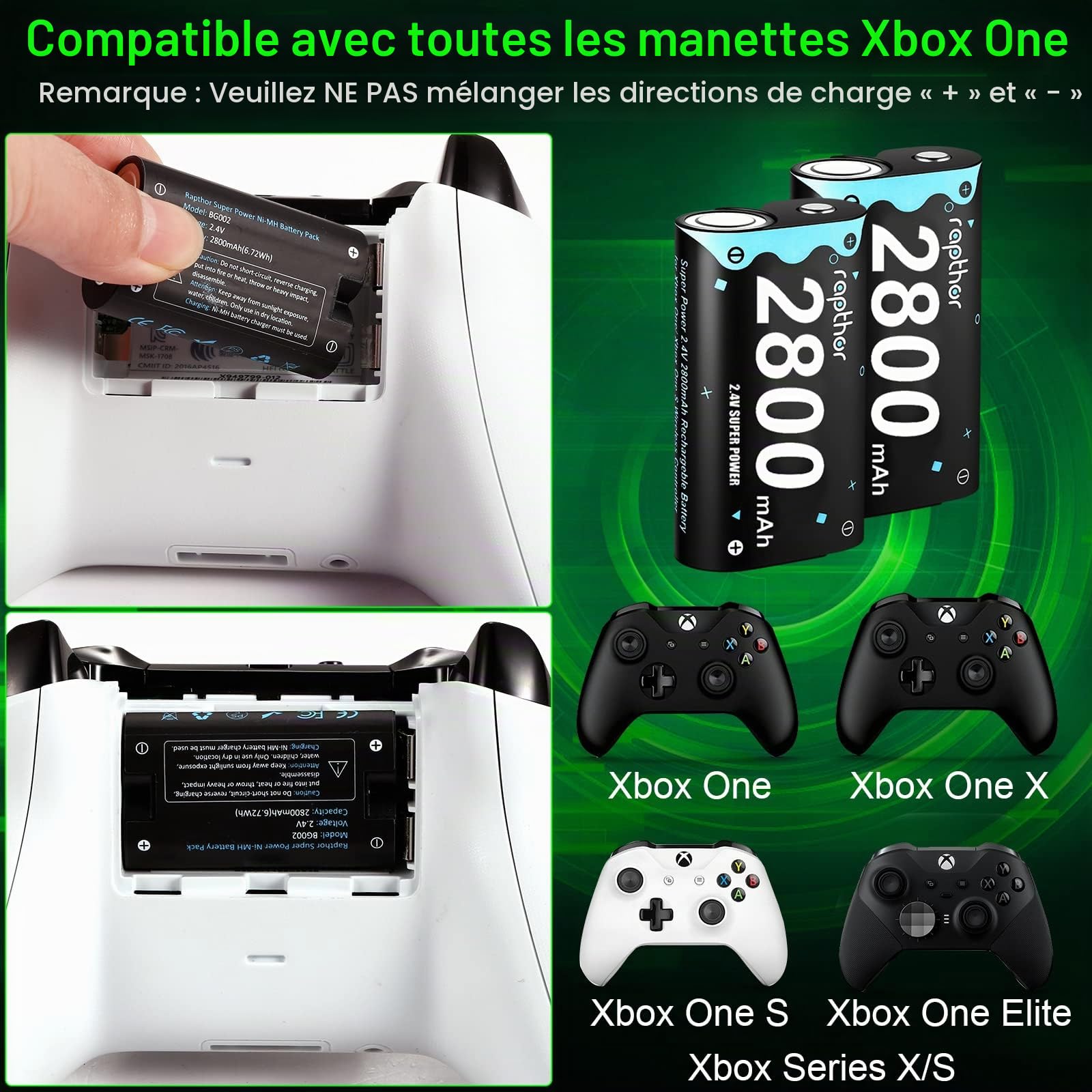 Batterie rechargeable et chargeur pour Xbox One 2800 mAh pour manette sans fil Xbox