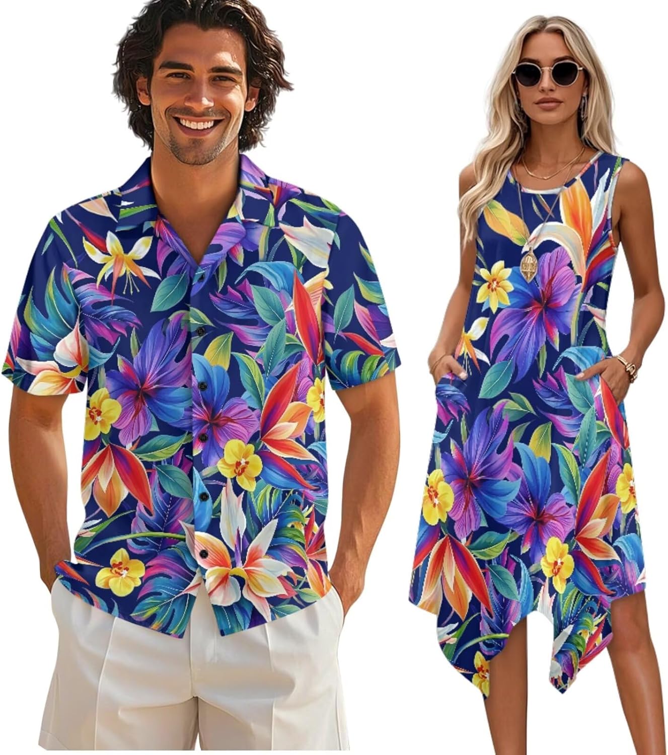 TOADDITDO Tunic Dress for Women Sleeveless Flowy Sundress with Pockets,Mens Buttons Shirts Hawaiian Couples Matching Outfit