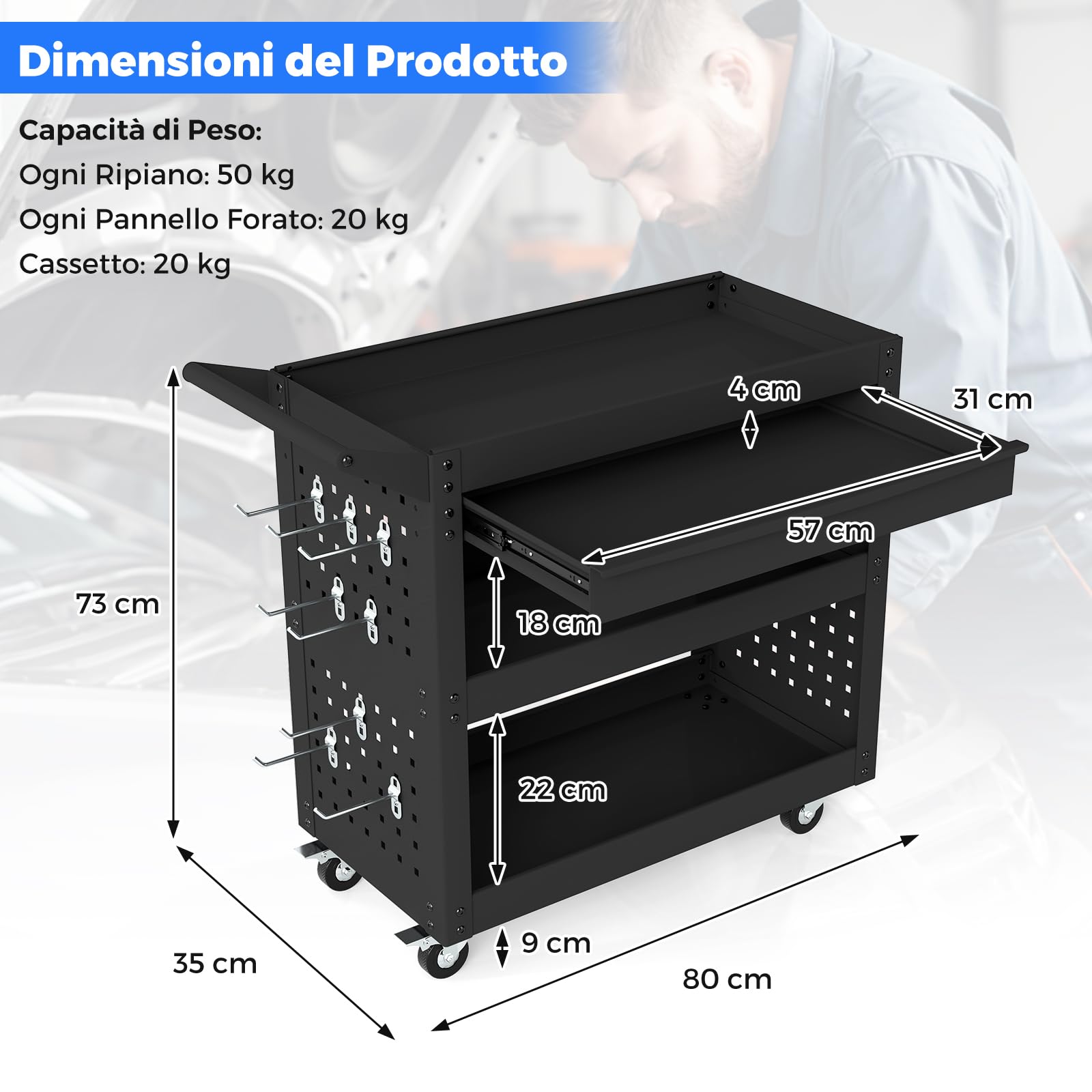COSTWAY Carrello Portautensili a 3 Ripiani con Ruote, Carrello Attrezzi in Metallo con Cassetto Grande, 2 Pannelli Forati e 8 Ganci, Carrello di Servizio per Garage e Officina, Portata 250 kg