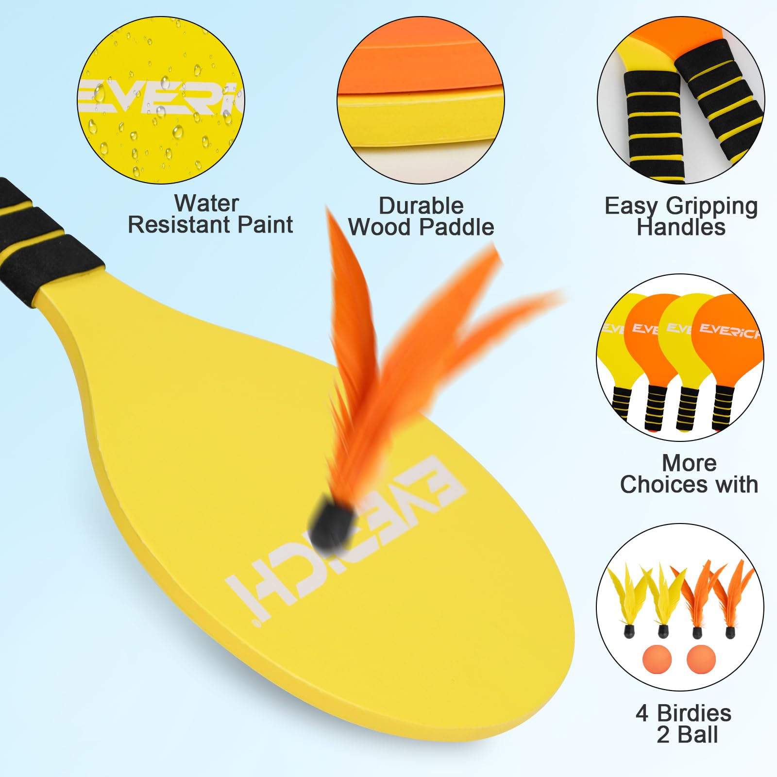 ROYUEXT 2 Beach Bat and Ball Set Wooden Paddle Ball (Yellow+Orange) - Image 3