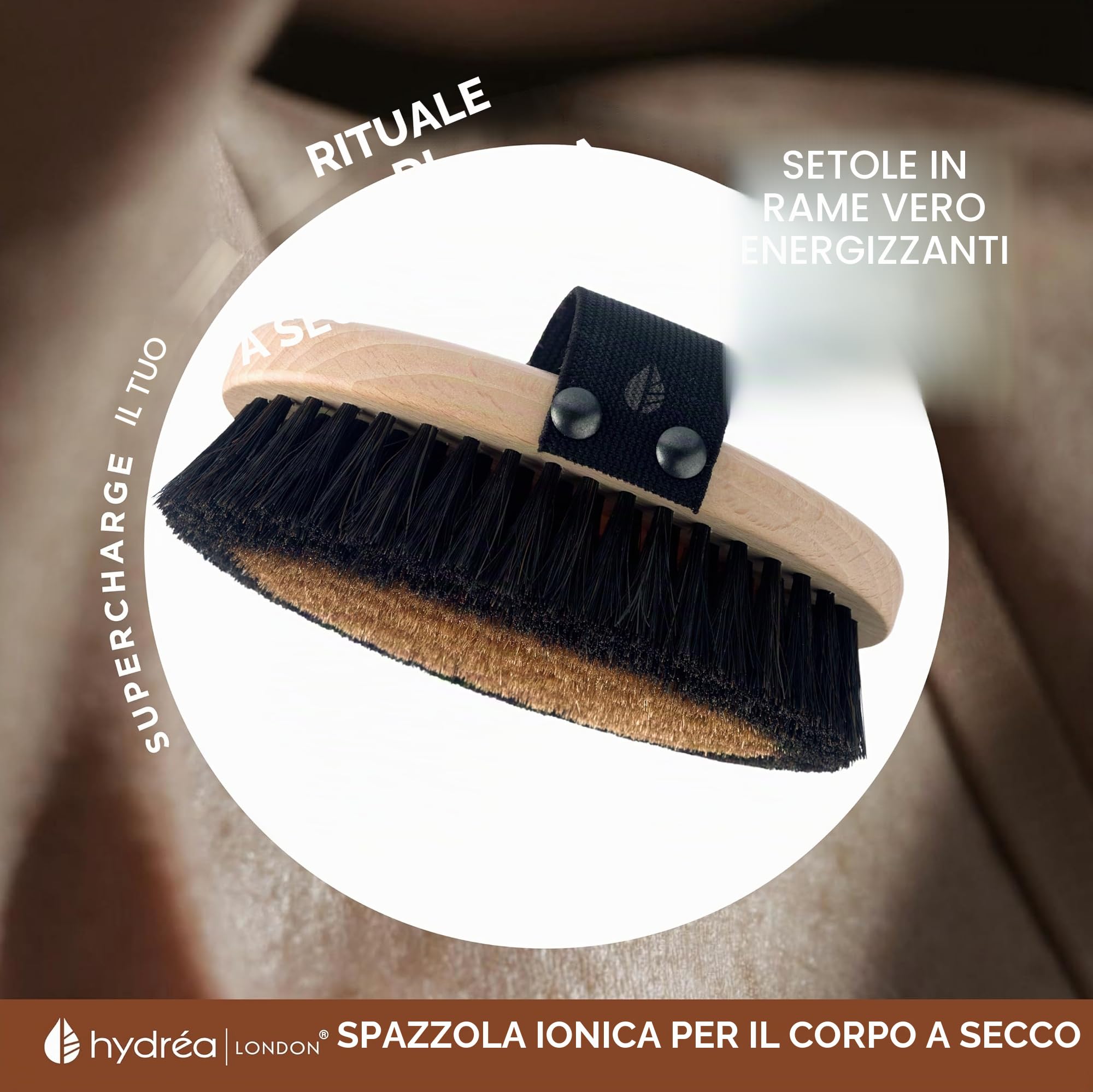 Hydrea London Ionic Copper Glow Dry Body Brush Spazzola esfoliante ed energizzante per la pelle con setole in rame, drenaggio linfatico, massaggio a secco, anticellulite