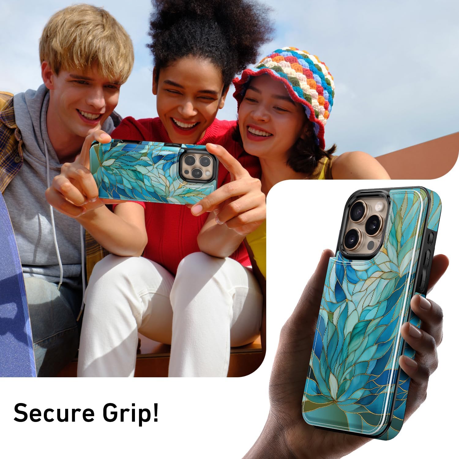 FUNMIKO for iPhone 16 Pro Max Wallet Case with Card Holder, RFID-Blocking, Military-Grade Protection & UV-Printed Artwork, Magnetic Closure with Leather Kickstand - Sleek Cyan Leaf - Image 7