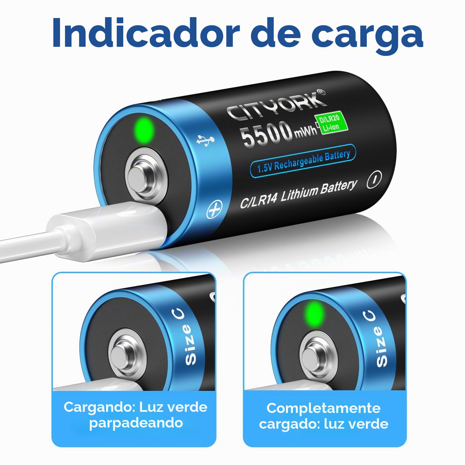 CITYORK Batería C Recargable USB de 1,5 V 5500 mWh (Paquete de 8), Baterías Baby C de Iones de Litio Recargables con USB-C, Carga Menos de 2 Horas, Más de 1000 Ciclos, con Cable de Carga Tipo C, Carga