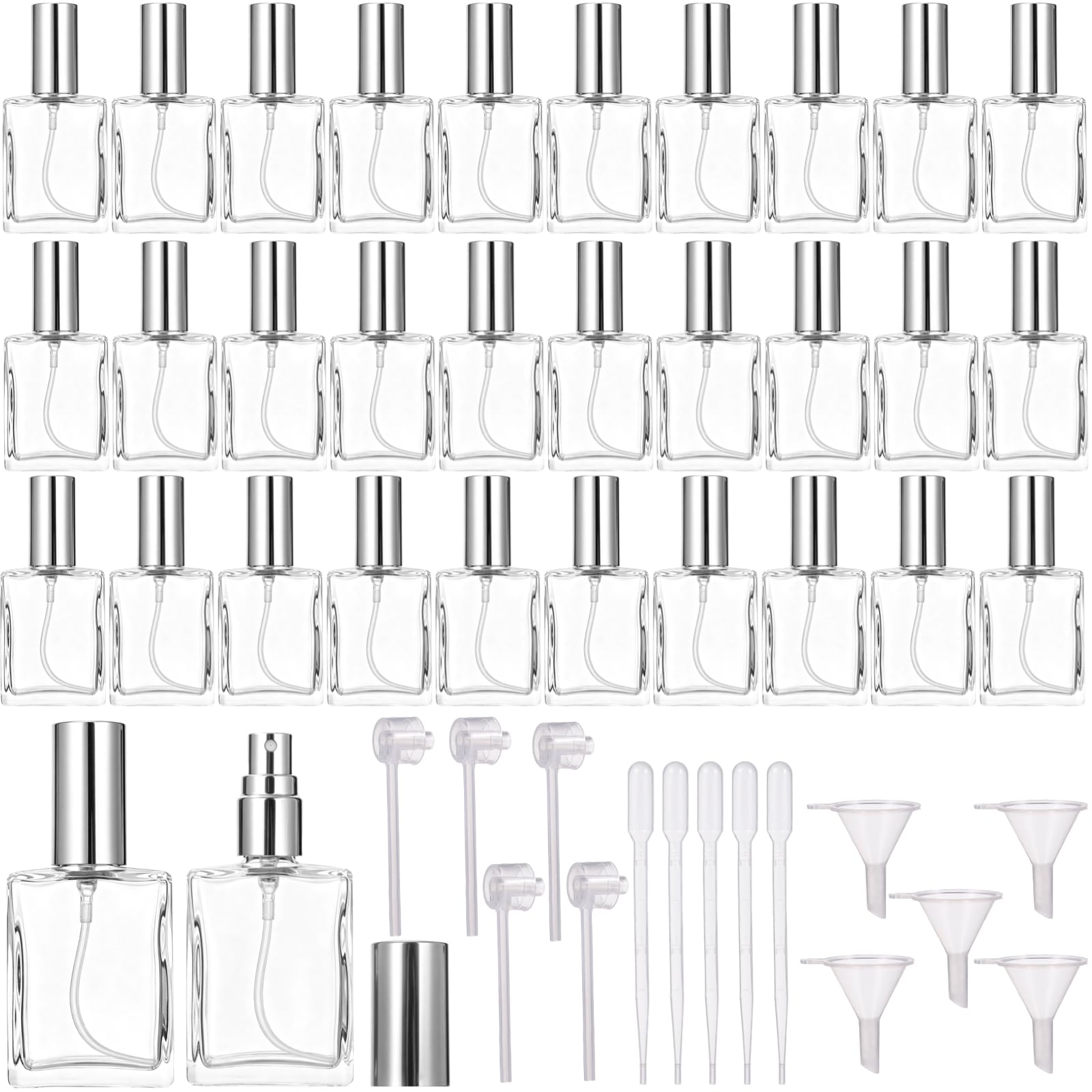 32 Stück Parfüm-Sprühflaschen aus Glas für ätherisches Öl und Kosmetik, 15 ml, nachfüllbarer Zerstäuber mit 15 Dosierwerkzeugen, klare quadratische Reisebehälter, feiner Sprühnebel, tragbare