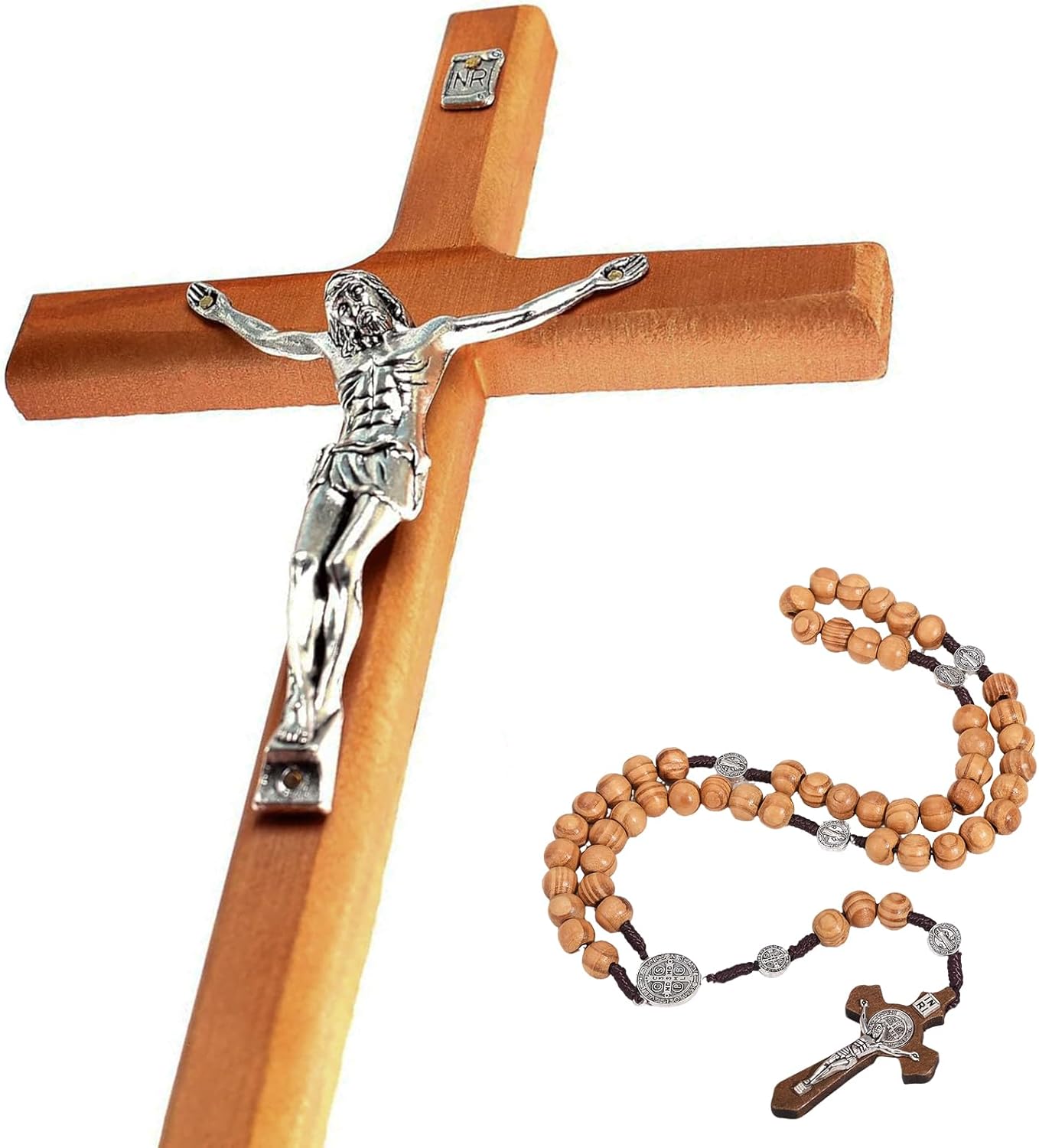 YI Boutique Crucifix Wall Cross, Handmade Catholic Crosses, 8 Inch, with Wooden Rosary, Wall crucifixes, Wood Crucifix for Wall, Jesus Christian Wall Hanging Cross