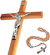 YI Boutique Crucifix Wall Cross, Handmade Catholic Crosses, 8 Inch, with Wooden Rosary, Wall crucifixes, Wood Crucifix for Wall, Jesus Christian Wall Hanging Cross