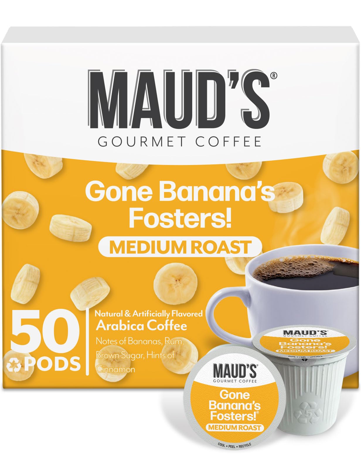 Maud's Banana Flavored Coffee Pods, 50 ct, Medium Roast Flavored Coffee in Single Serve Pods – 100% Arabica Beans, Compatible with Keurig K Cups Maker