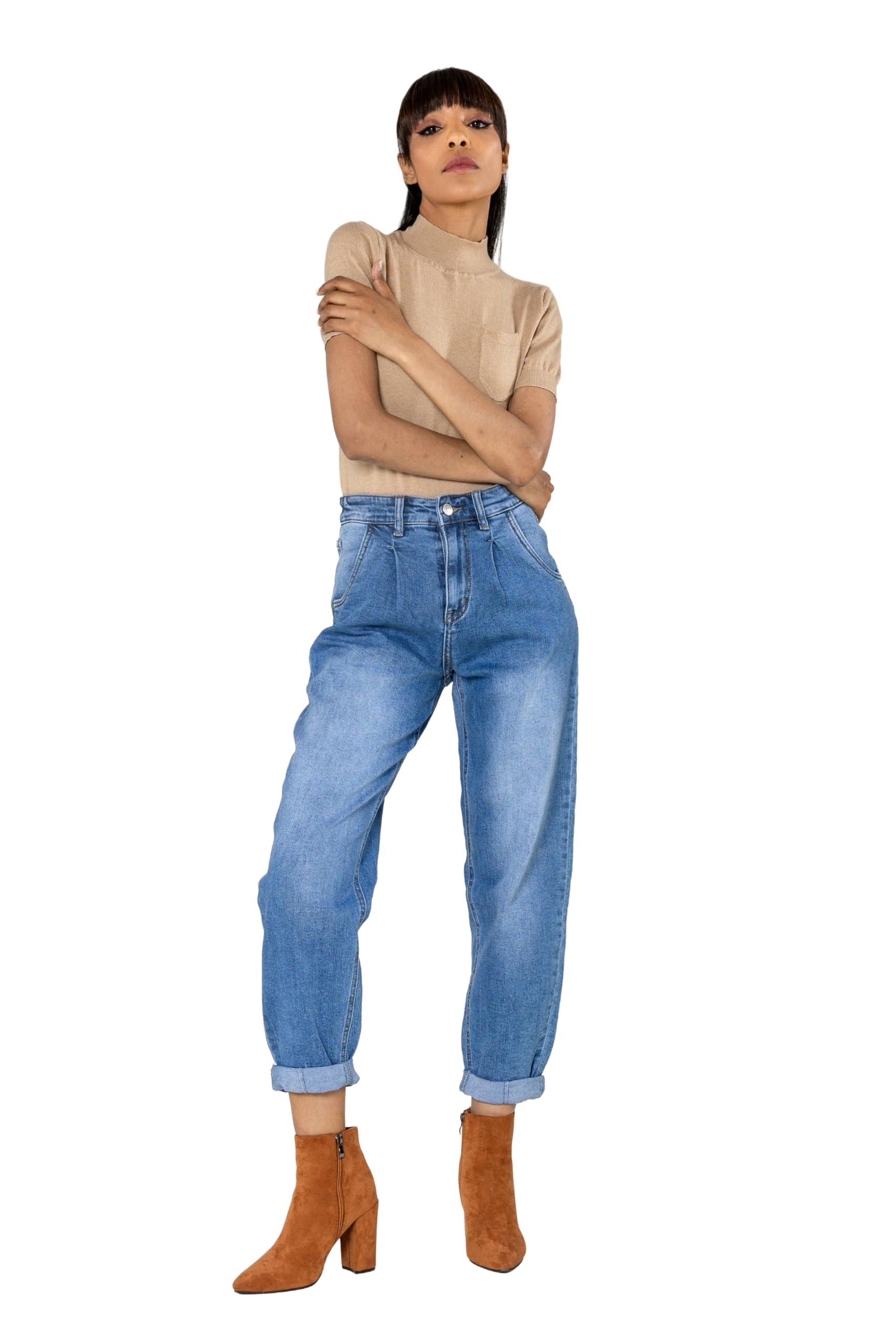 Nina Carter YY303 Pantalones vaqueros holgados de cintura alta para mujer, informales, de corte ancho, elásticos, aspecto desgastado