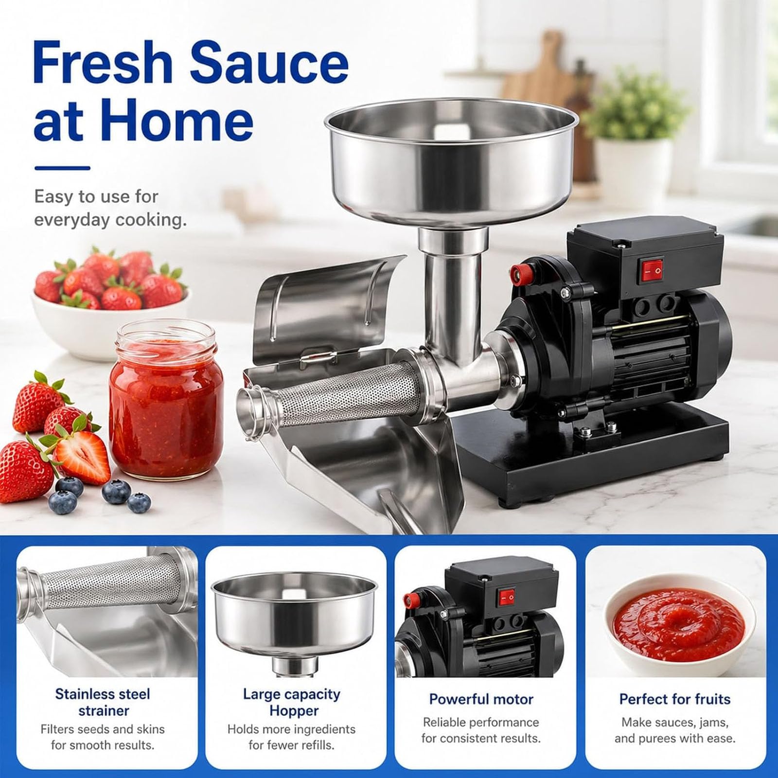 Filtre électrique de tomate, machine de fraisage de tomate Sauce Maker | Presse à tomates et machine à sauce en acier inoxydable commerciale, robuste, pour confiture de myrtille et de fraise