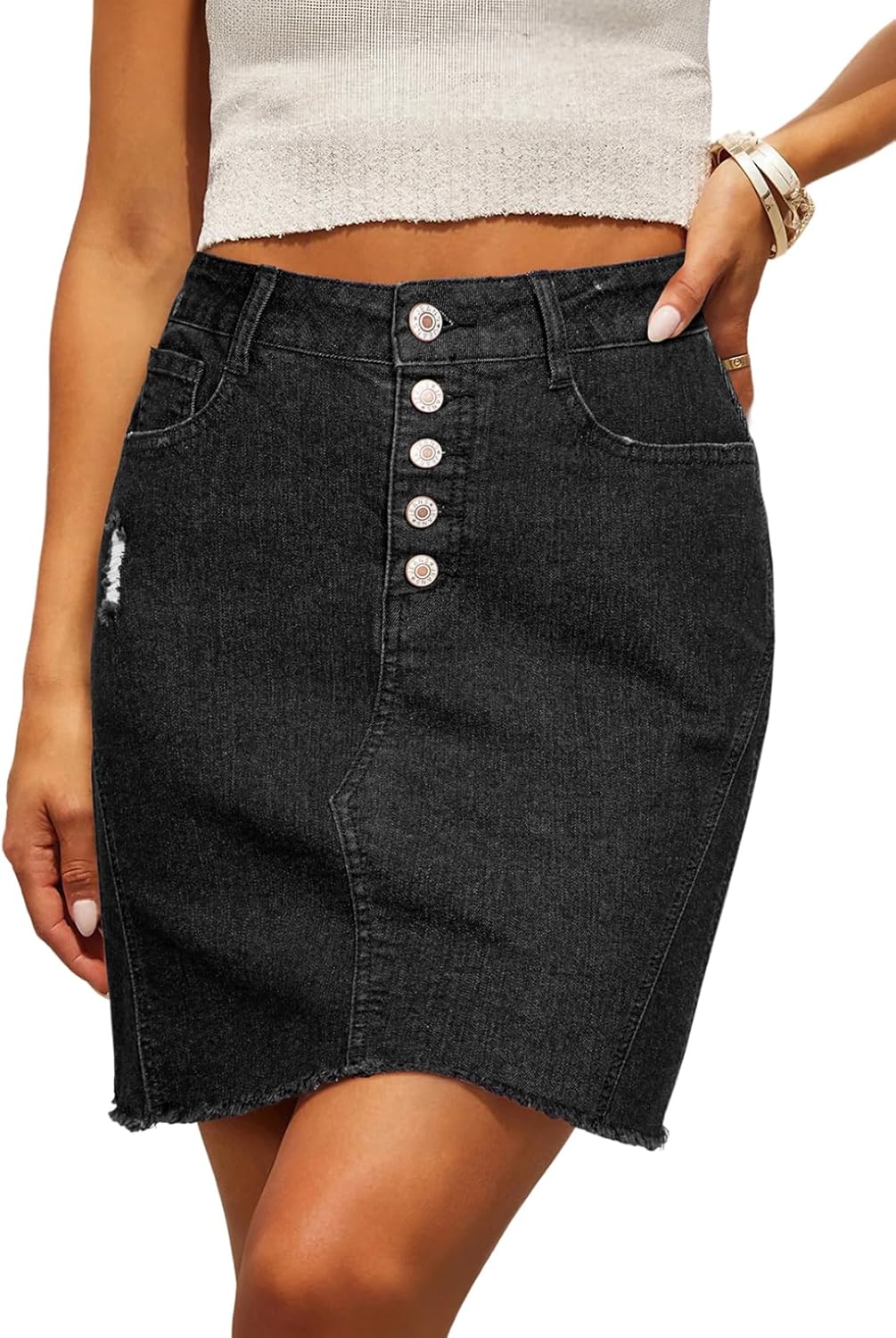 Sidefeel Women's Jean Skirt Stretchy Ripped Frayed Button Fly Summer Denim Skirt