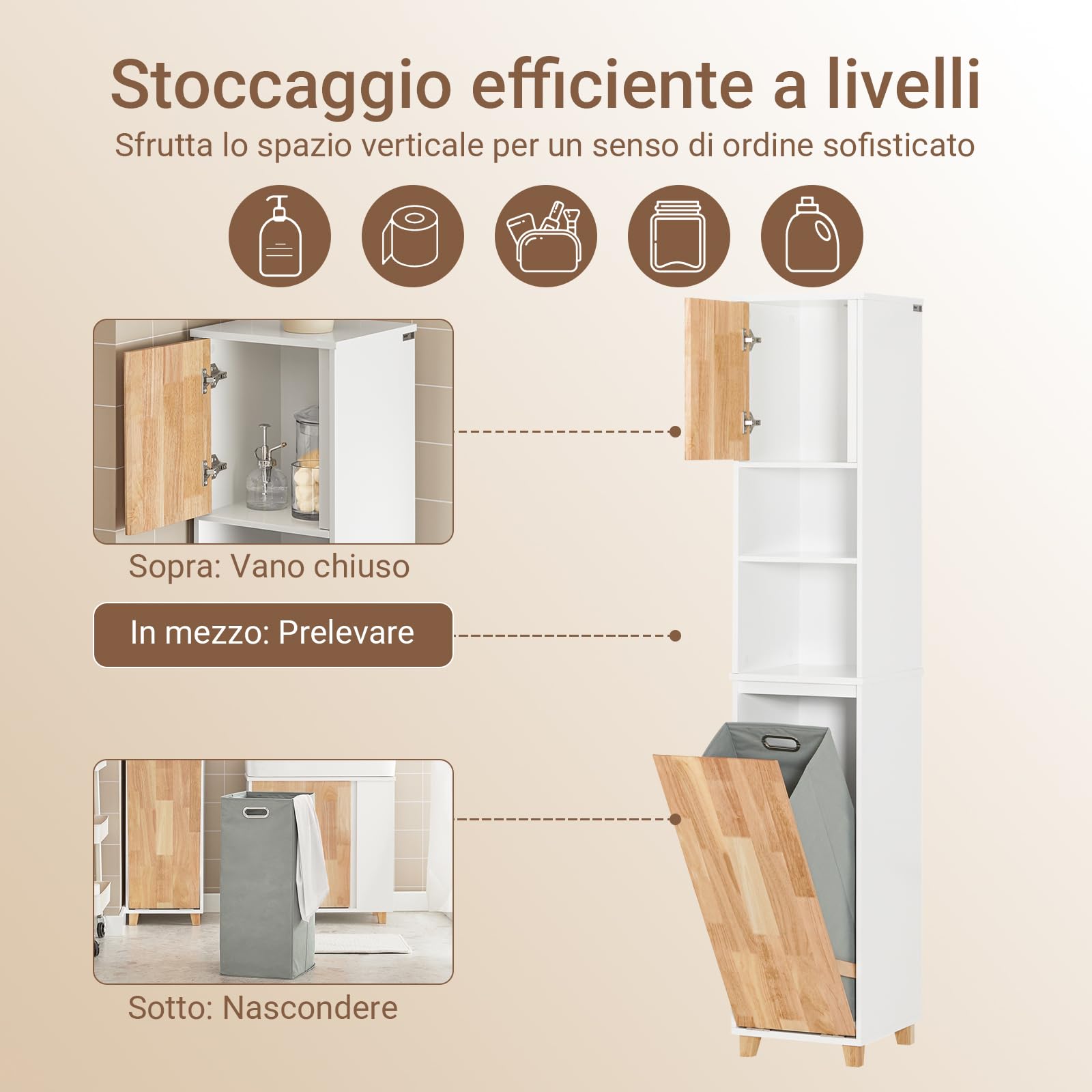 SoBuy Mobile Bagno - Mobiletto Bagno Salvaspazio con Cesto Portabiancheria Pieghevole, Mobile Alto e Stretto in Legno Resistente all’Umidità, Bianco, 31x170x32 cm, BZR74-W