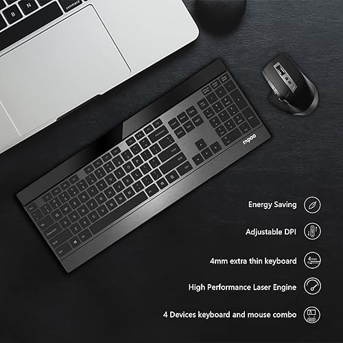 Miniatura 5 de RAPOO Combo de teclado inalámbrico y mouse láser, multidispositivo (Bluetooth 4.0+3.0+2.4G), teclado de computadora ultra delgado, diseño compacto
