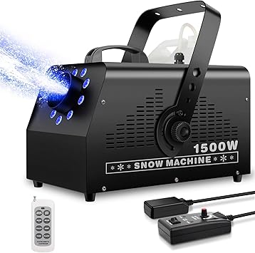 Fake Snow Machine with 9LEDs Light - 1500W Artificial Snow Making Machine with 7 Color Lights Effect Snowflake Maker by Remote Control for Kids Wedding Party Stage Christmas Decorations