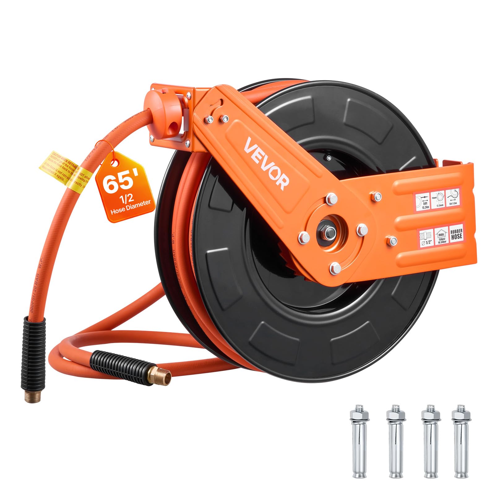 VEVOR Retractable Air Hose Reel, 1/2 Inch x 65 FT Rubber Air Hose Max 300PSI