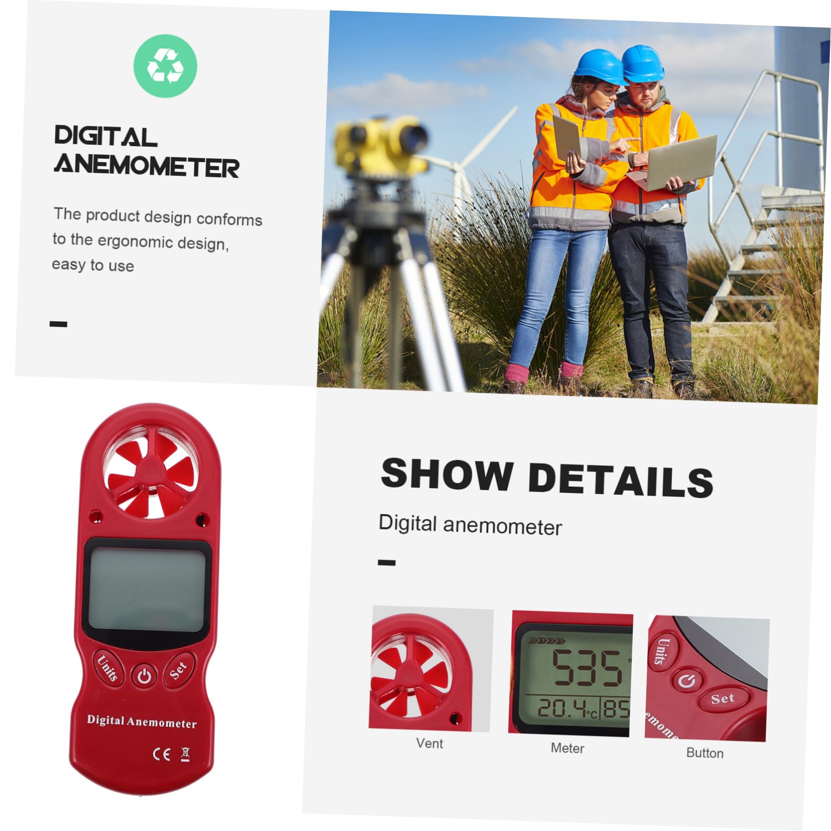 Anemometro Digitale Portatile con Termoigrometro, Misuratore di Velocità del Vento con Schermo Lcd Retroilluminato, Struttura in Plastica, 6 Pale per Sistemi di Ventilazione
