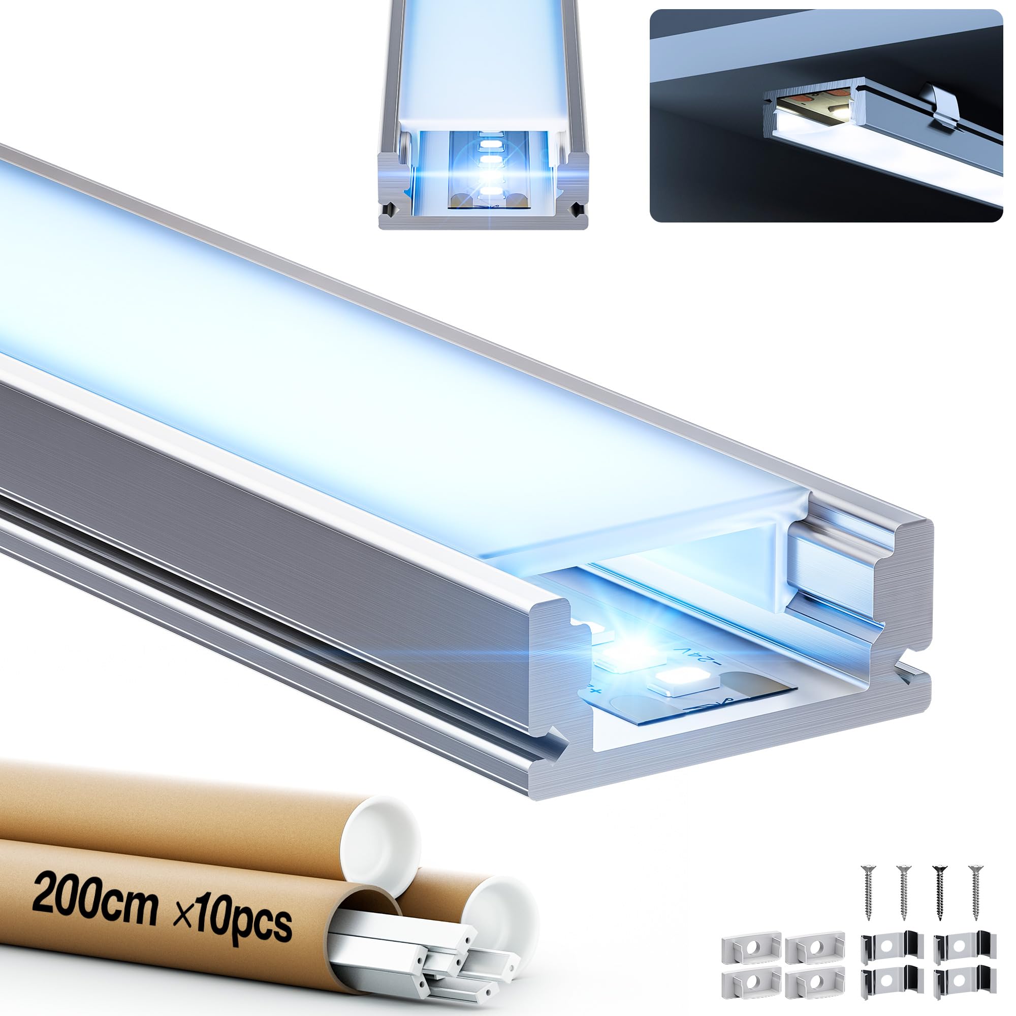 10 rieles LED de aluminio de 2 m (20 m en total), perfil en U para tiras LED de máximo 12 mm, dimensiones 17,4 x 7 mm con difusor LED en color blanco opalino, perfecto para placas de yeso y