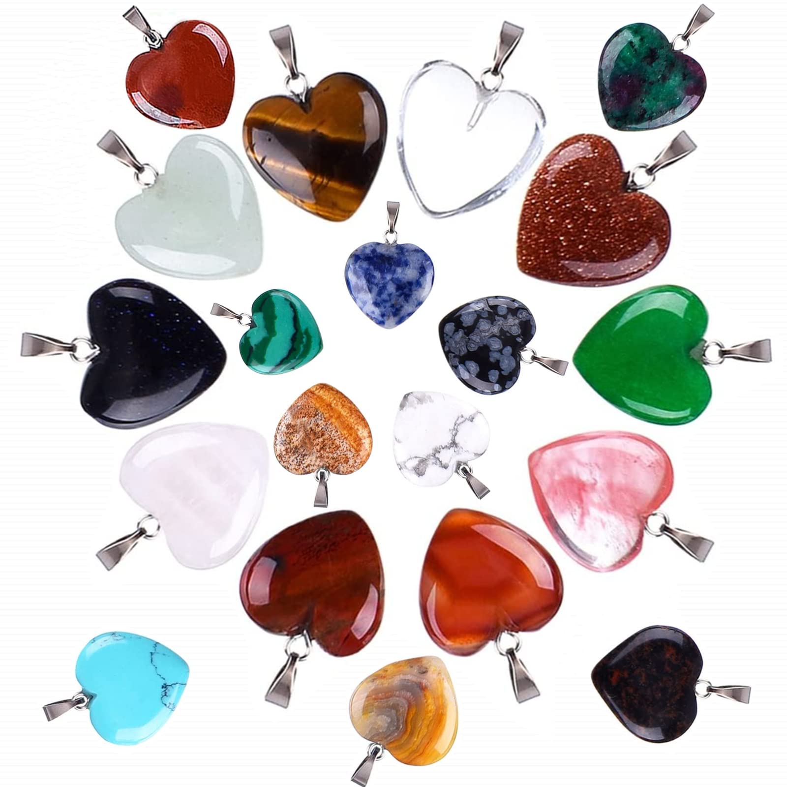 Heart Shape Pendants 20PCS 2 Different Sizes Assorted Colo Charms Crystal Chakra Beads for DIY Necklace Jewelry Making
