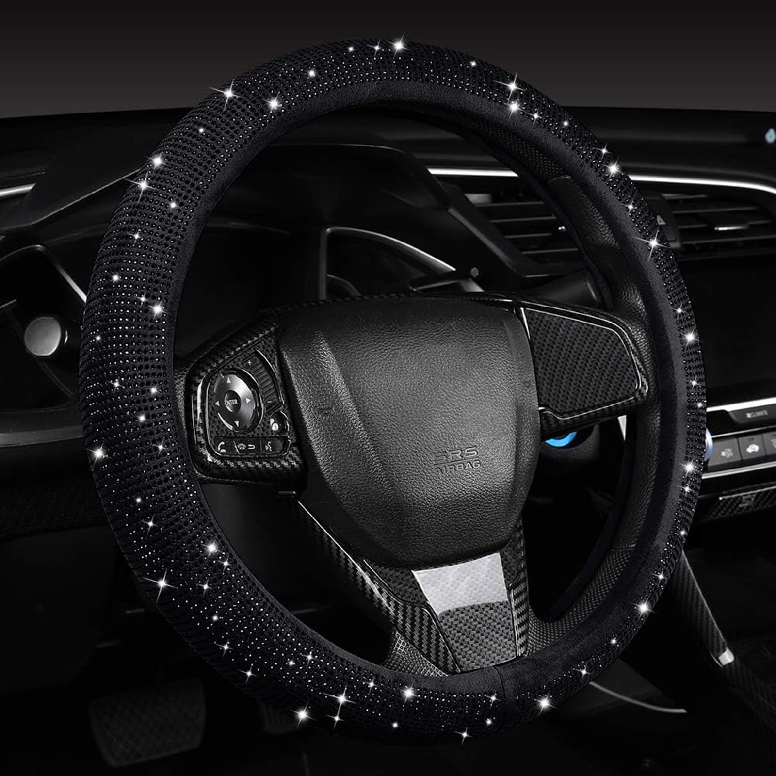 Car Steering Wheel Cover with Sparkly Diamond, Blcak Rhinestone Steering Wheel Cover, Universal Size Fit 37-38CM, Bling Breathable Car Accessory Steering Wheel Protector Cover for Women Ladies