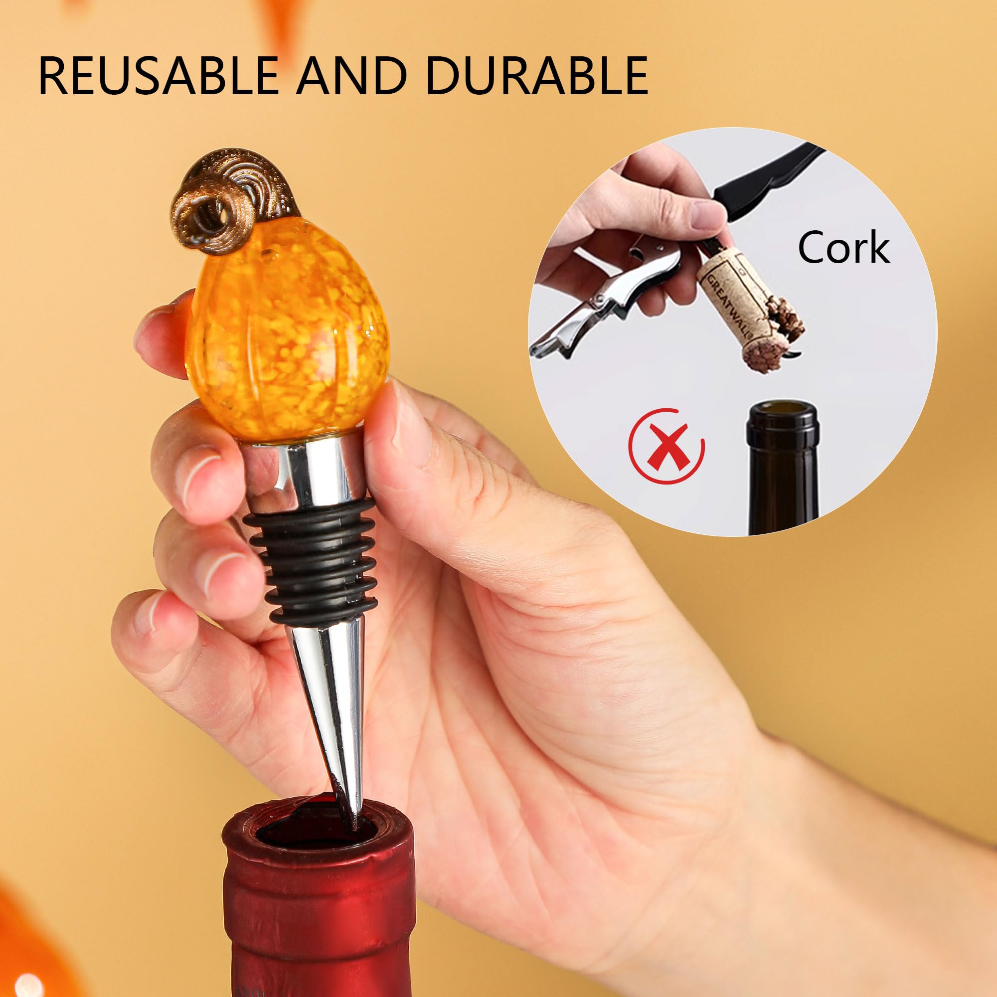 Tapones de vidrio soplado a mano de 4 pulgadas para botellas de vino, tapones reutilizables para botellas de vino, decoraciones de bebidas, Halloween, fiesta de Acción de Gracias, decoración artística 5